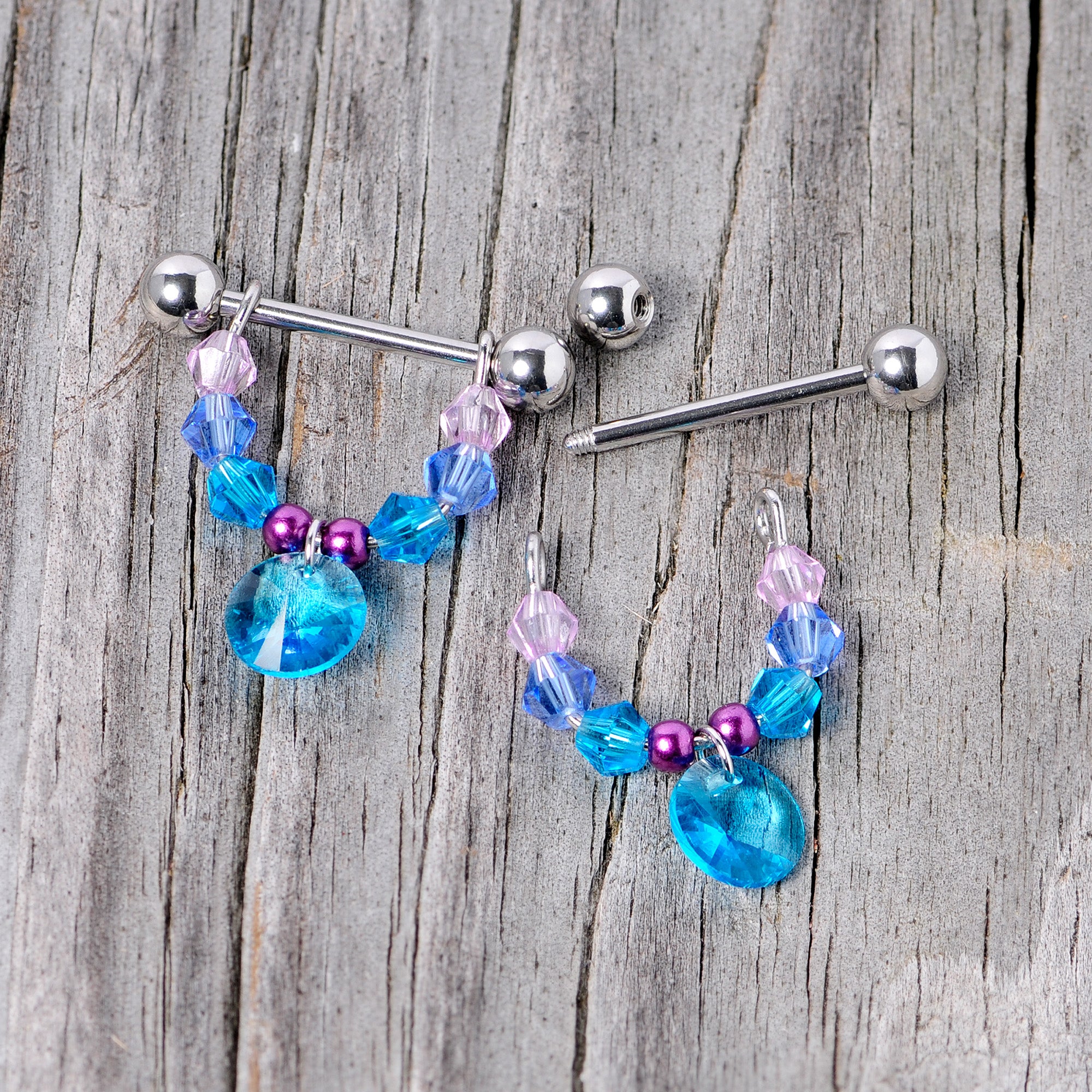 14G 5/8 Pink Aqua Gem Disc Dangle Barbell Nipple Ring Set