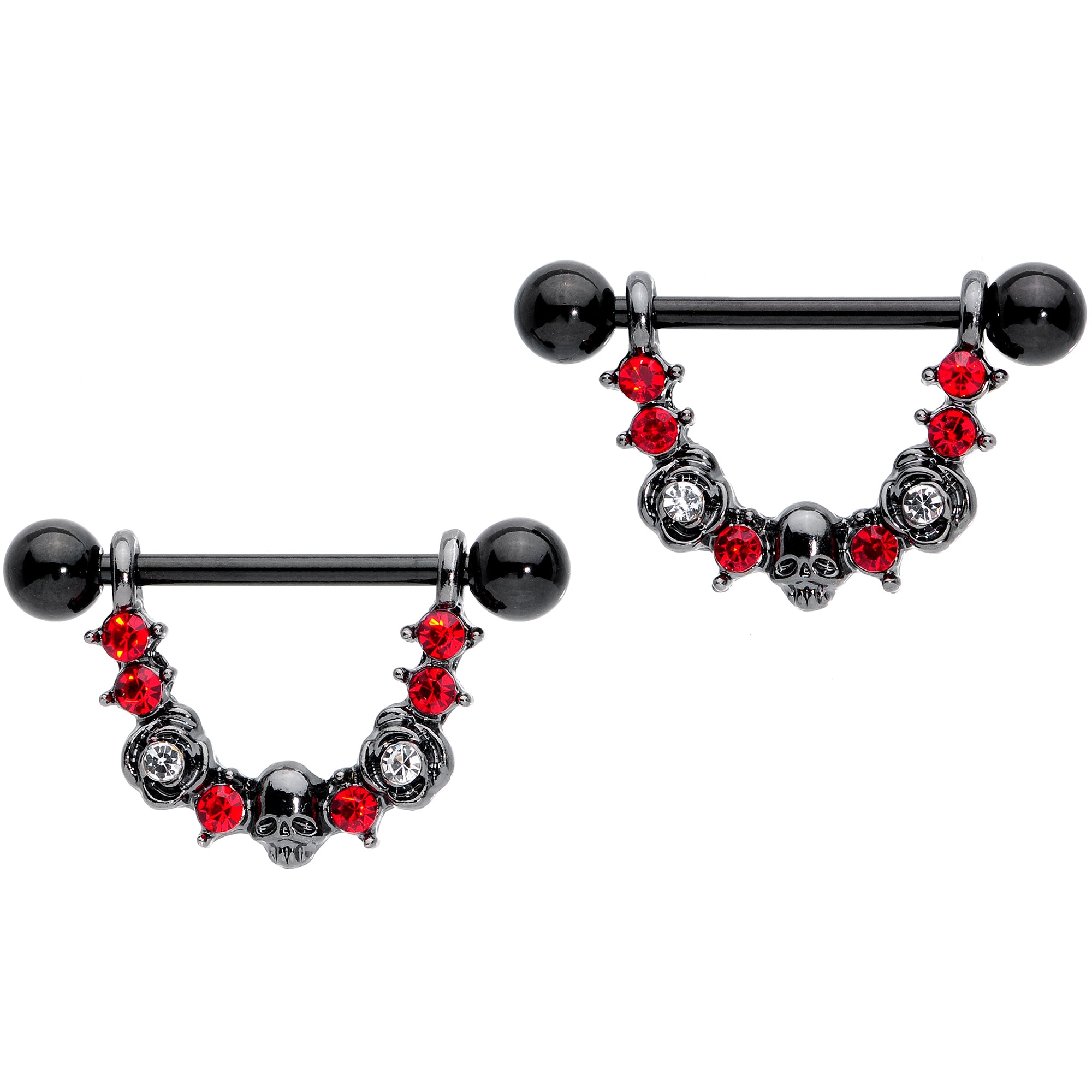 14G 5/8 Red Clear Gem Black Skull Rose Dangle Nipple Ring Set