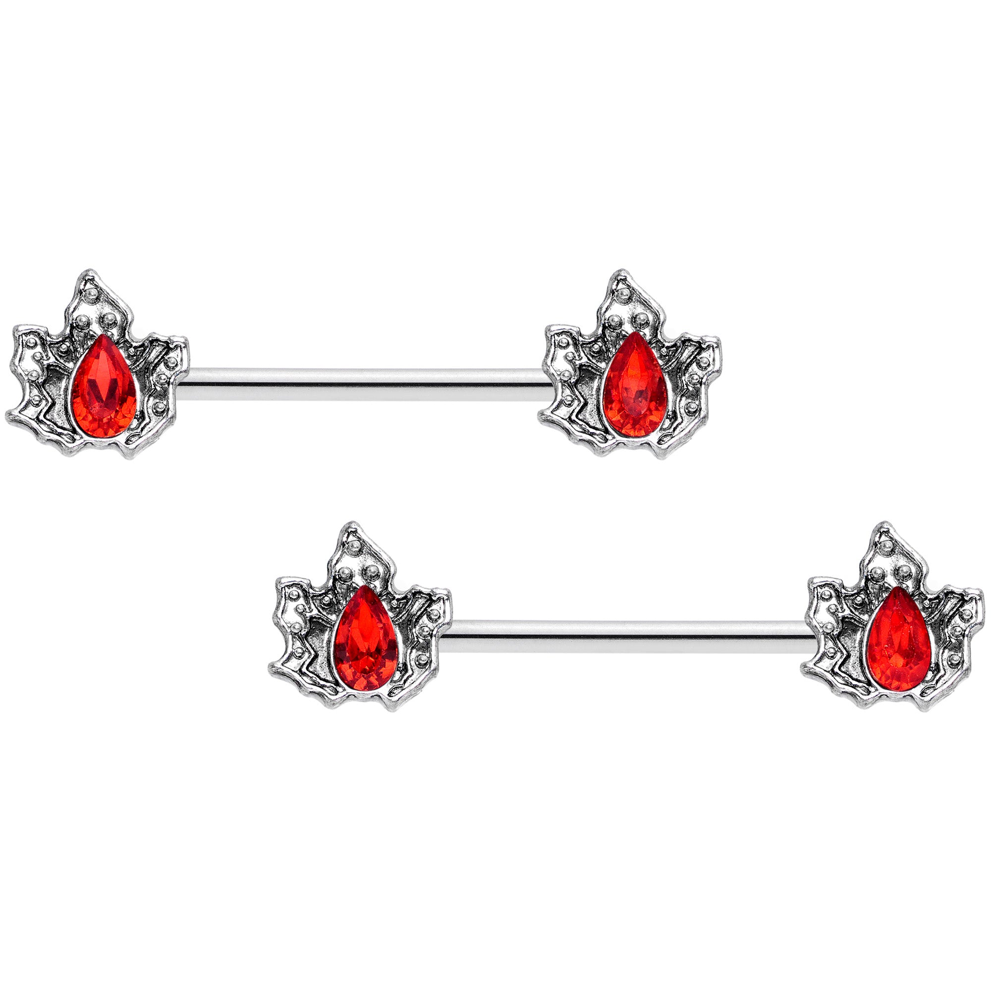 14G 5/8 Red Gem Holly Leaf Holiday Barbell Nipple Ring Set