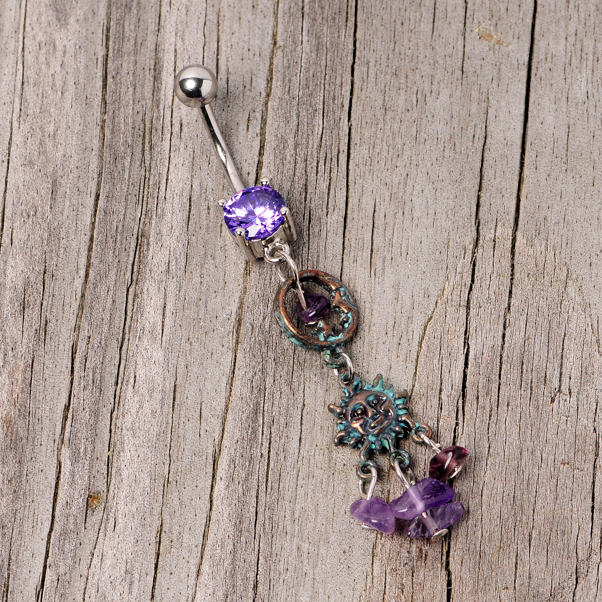 Purple Gem Solstice Sun Moon Dangle Belly Ring