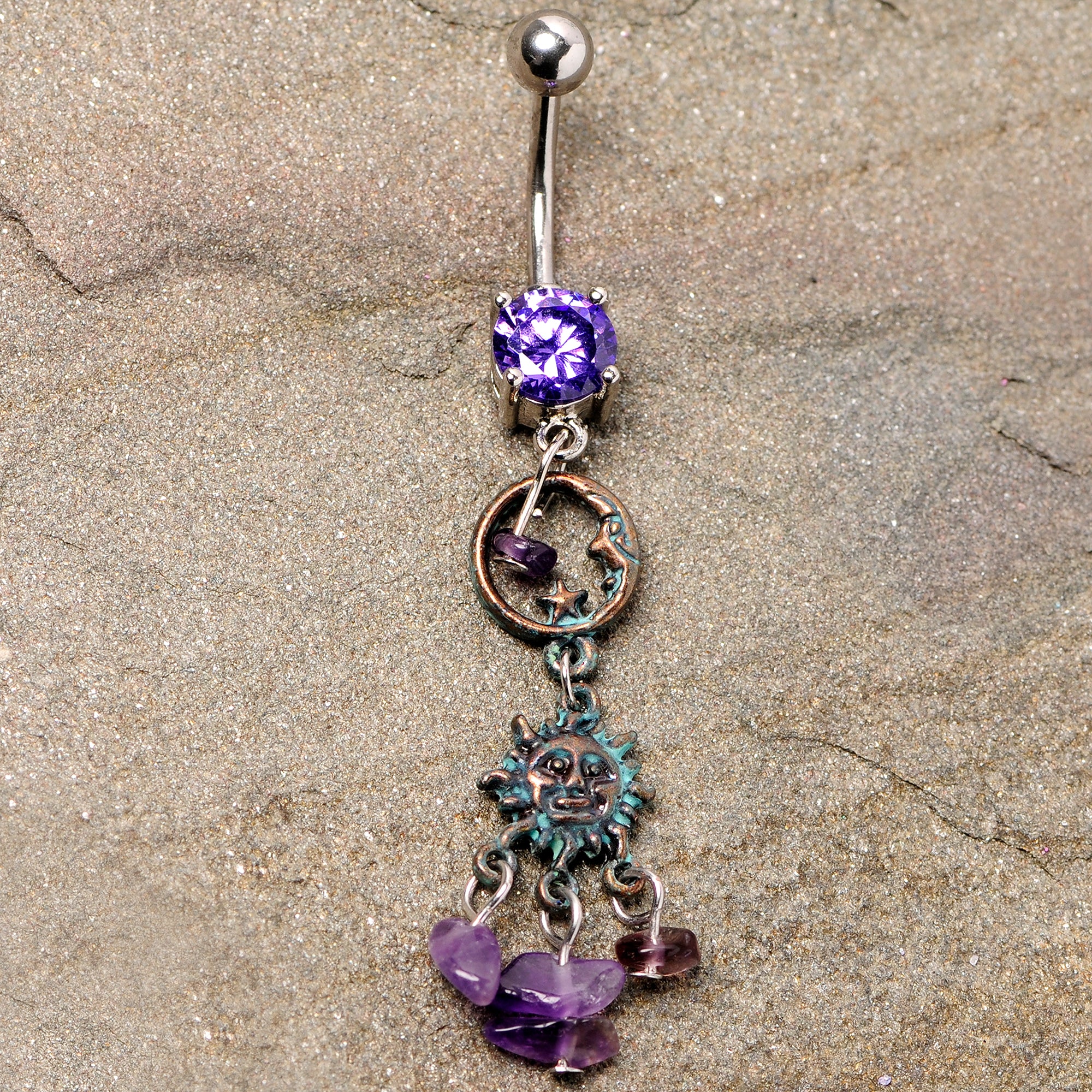 Purple Gem Solstice Sun Moon Dangle Belly Ring