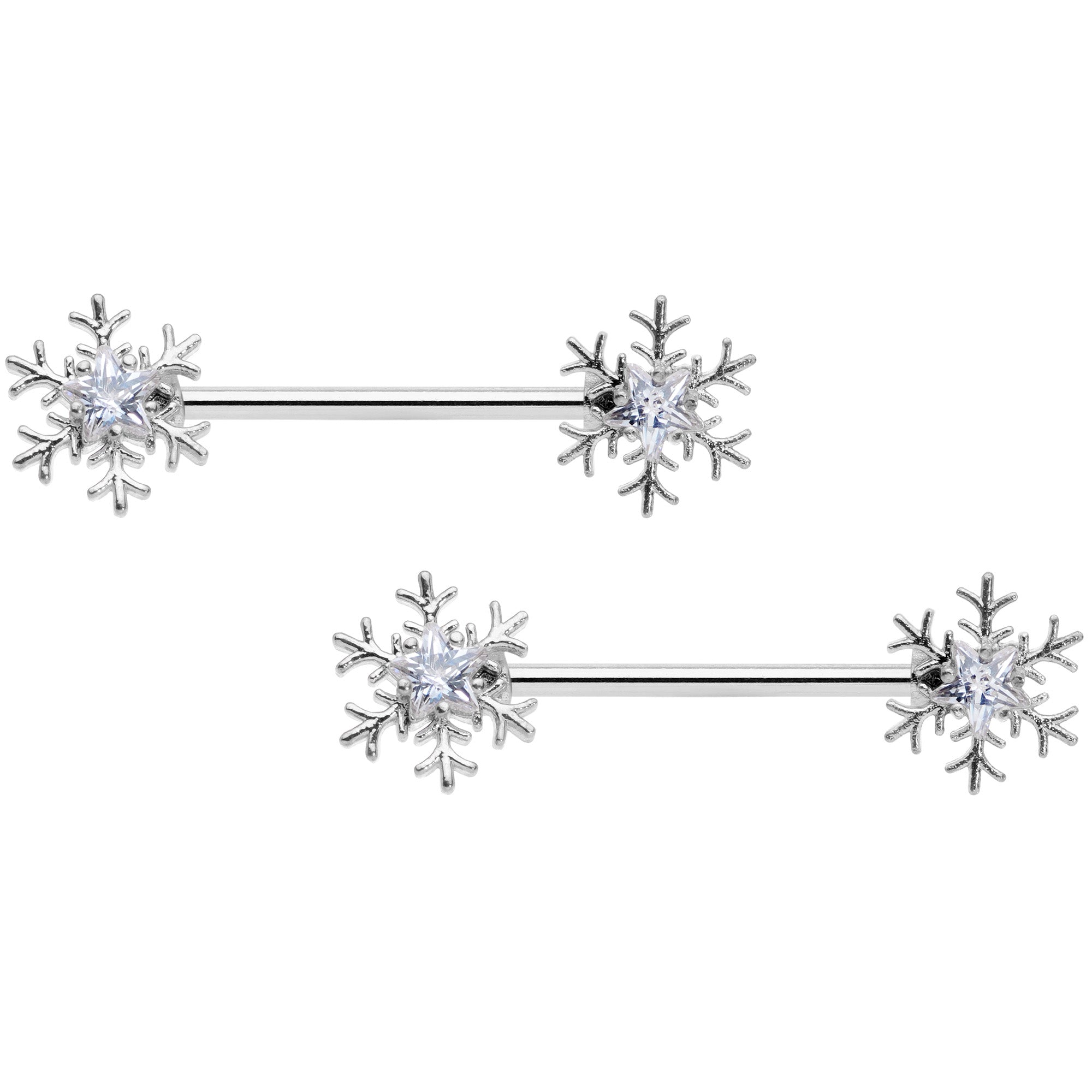 14G 5/8 Clear Gem Snowflake Barbell Nipple Ring Set