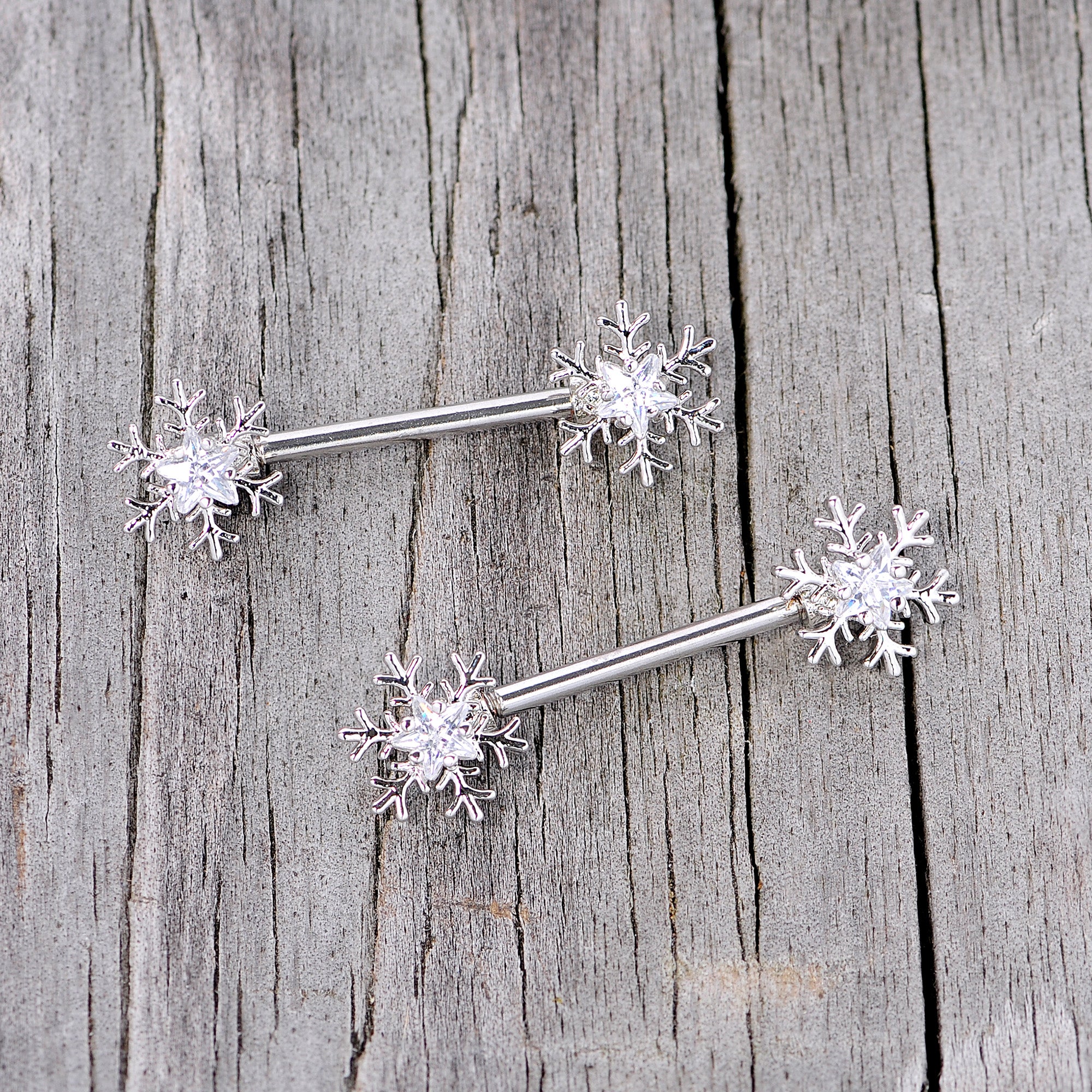 14G 5/8 Clear Gem Snowflake Barbell Nipple Ring Set