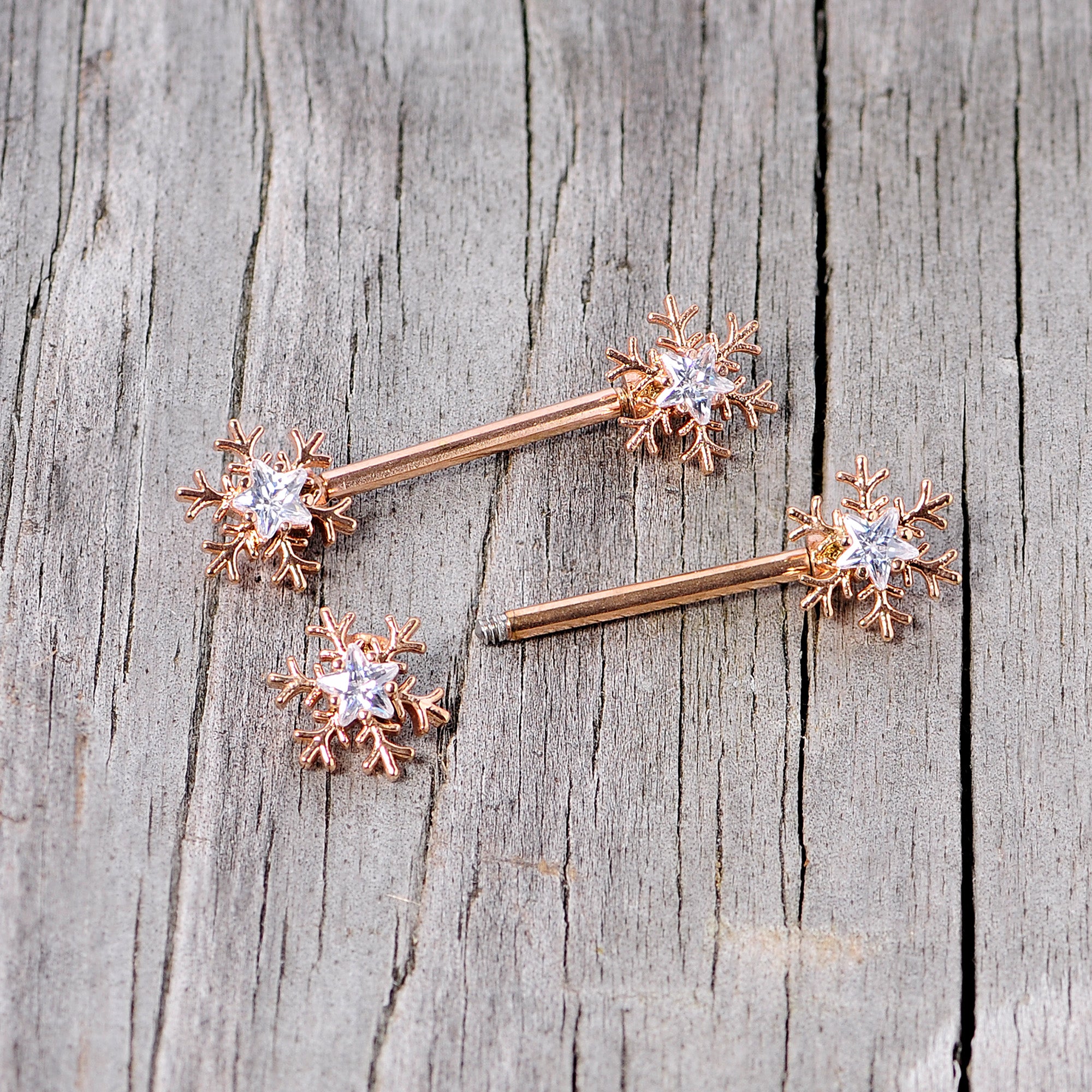 14G 5/8 Clear Gem Rose Gold Hue Snowflake Barbell Nipple Ring Set