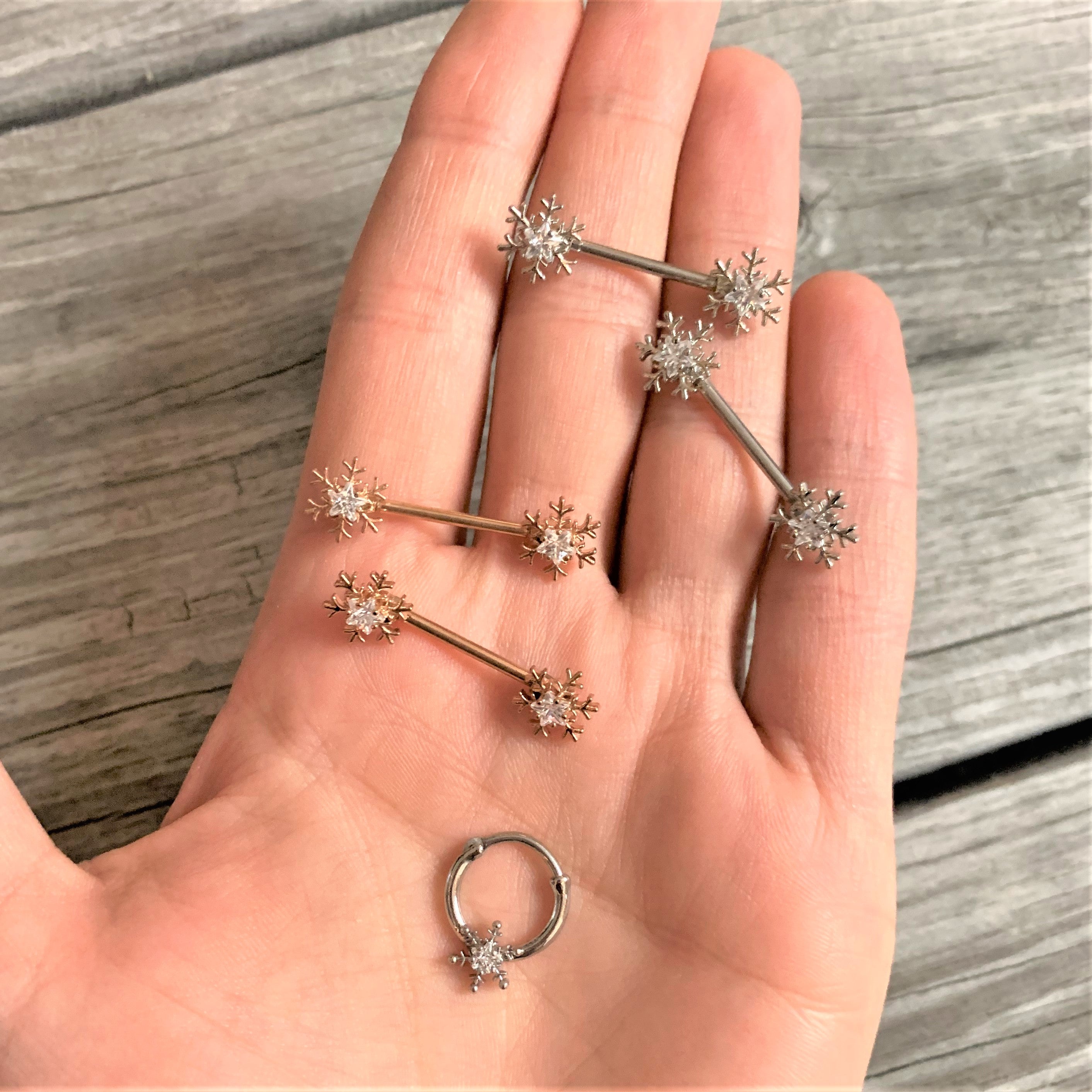 14G 5/8 Clear Gem Rose Gold Hue Snowflake Barbell Nipple Ring Set