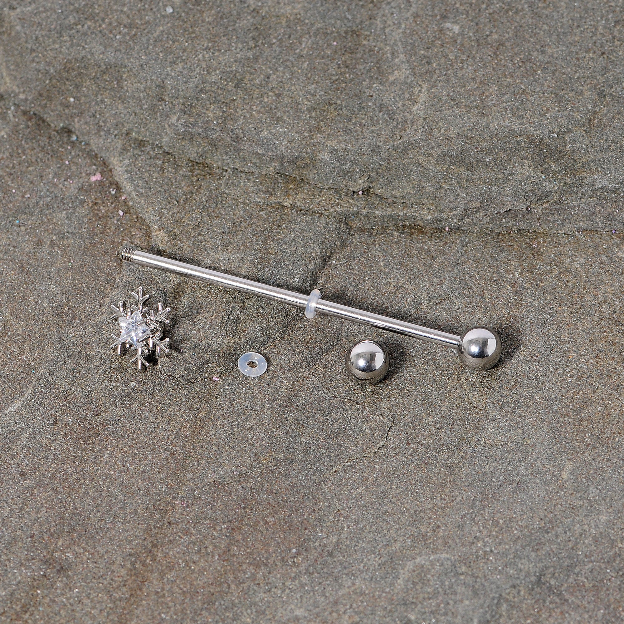 14G Clear Gem Snowflake Industrial Barbell 38mm