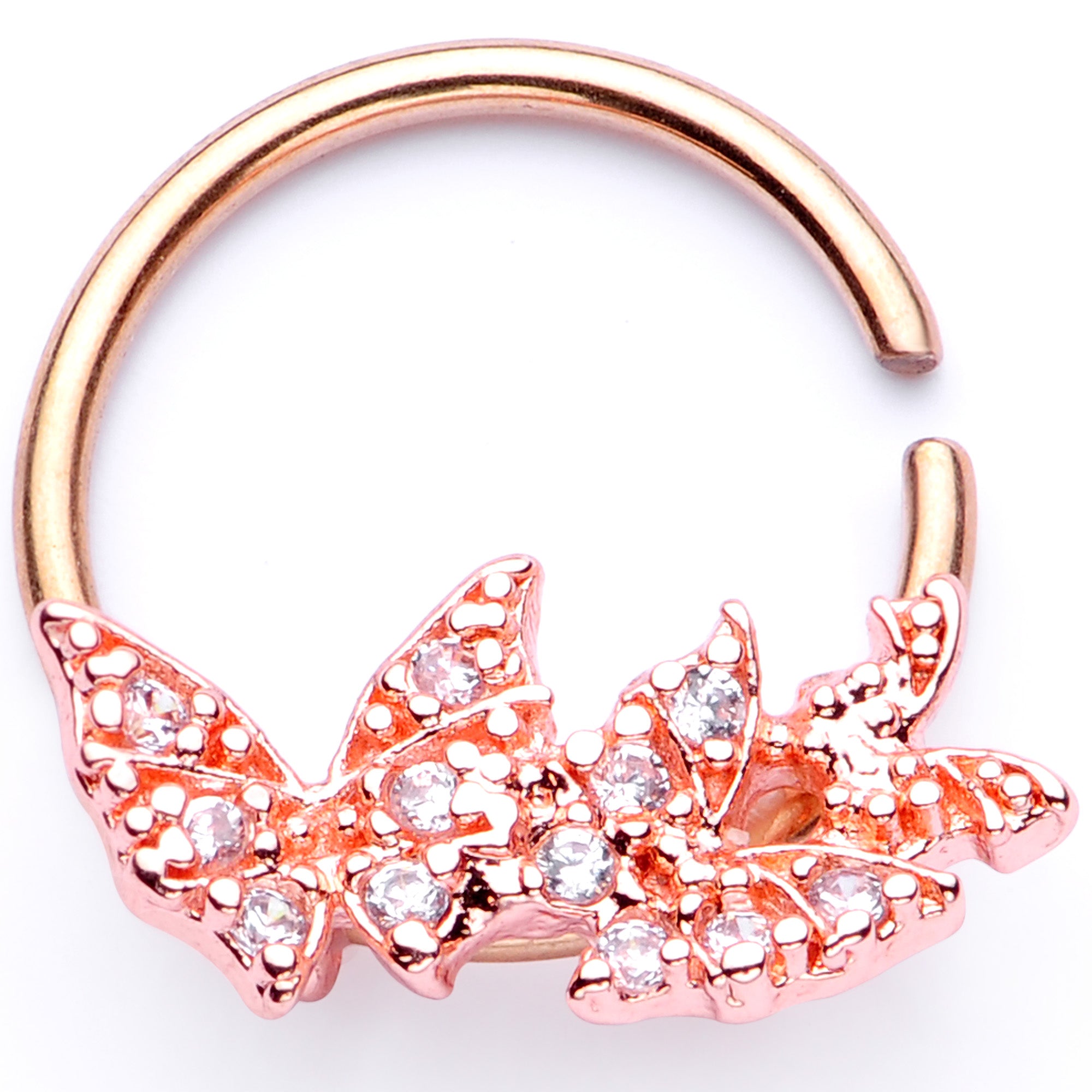 16G 3/8 Clear CZ Gem Rose Gold Tone Trio Butterfly Seamless Ring