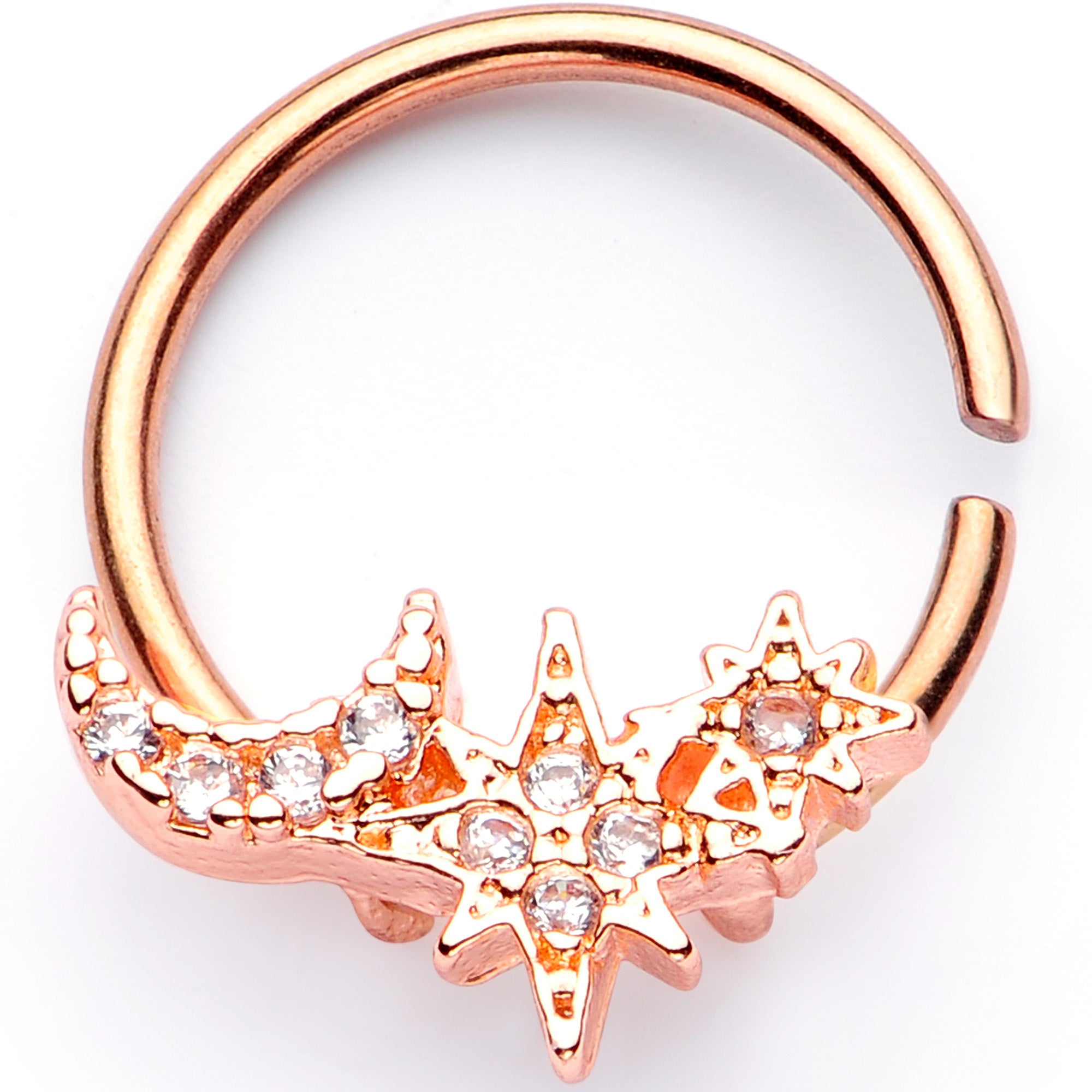 16G 3/8 Clear CZ Gem Rose Gold Tone Moon Stars Closure Ring