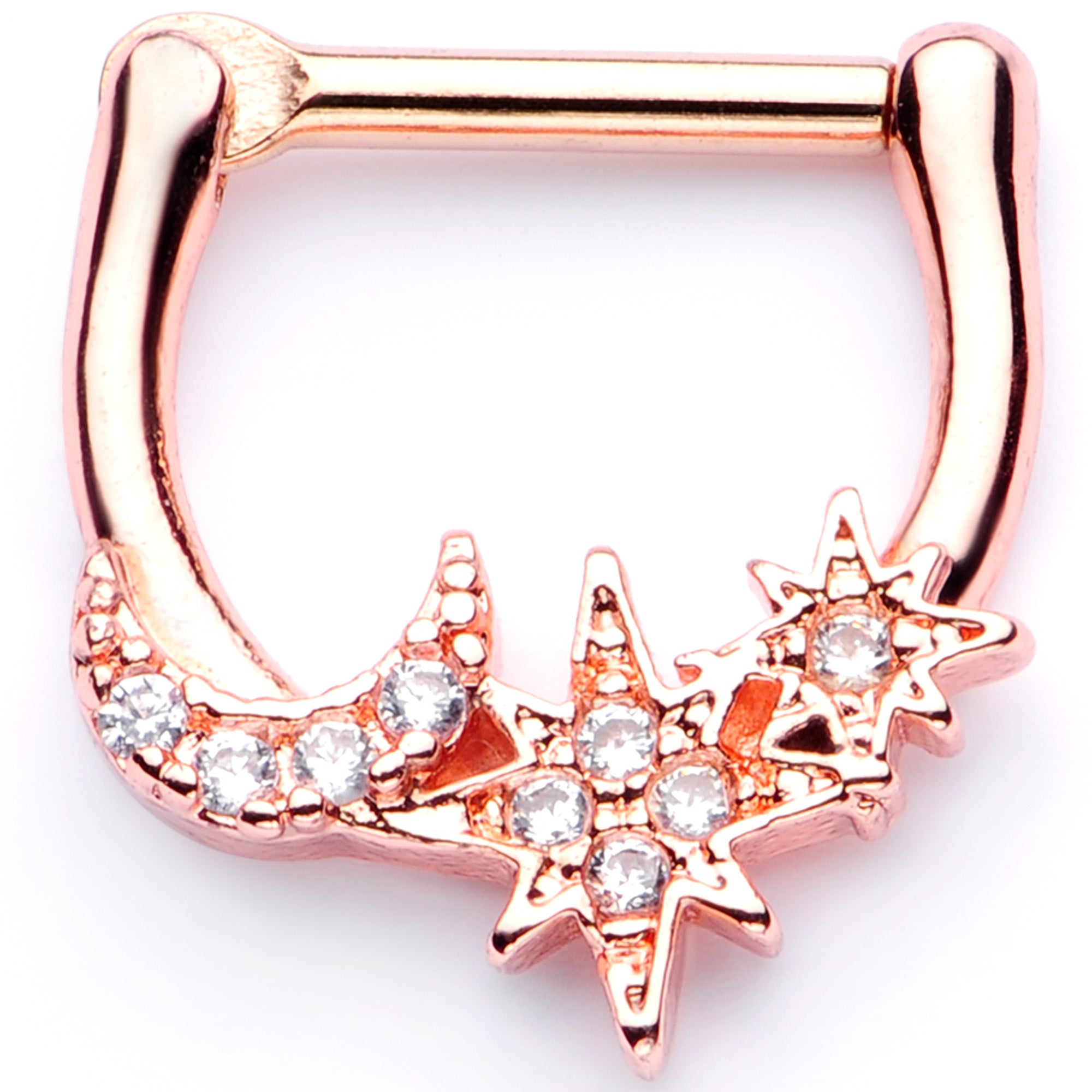 16G 1/4 Clear CZ Gem Rose Gold Tone Moon Stars Cartilage Clicker