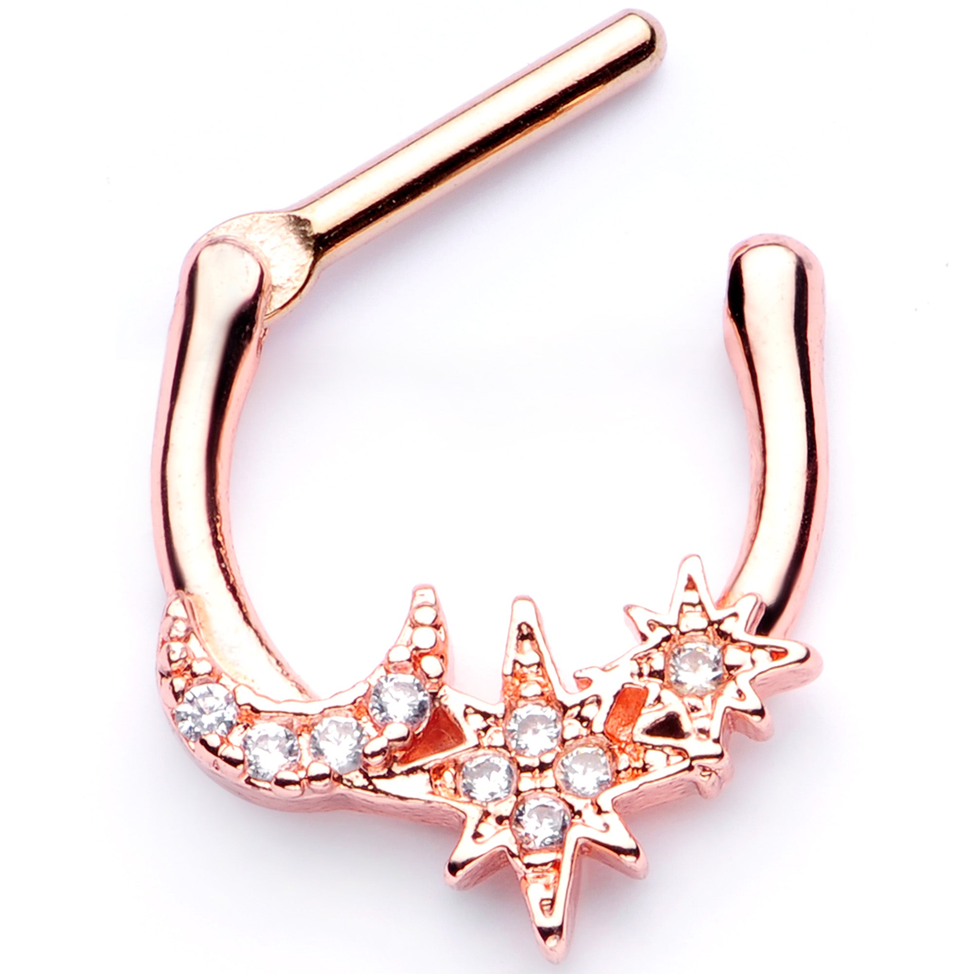 16G 1/4 Clear CZ Gem Rose Gold Tone Moon Stars Cartilage Clicker