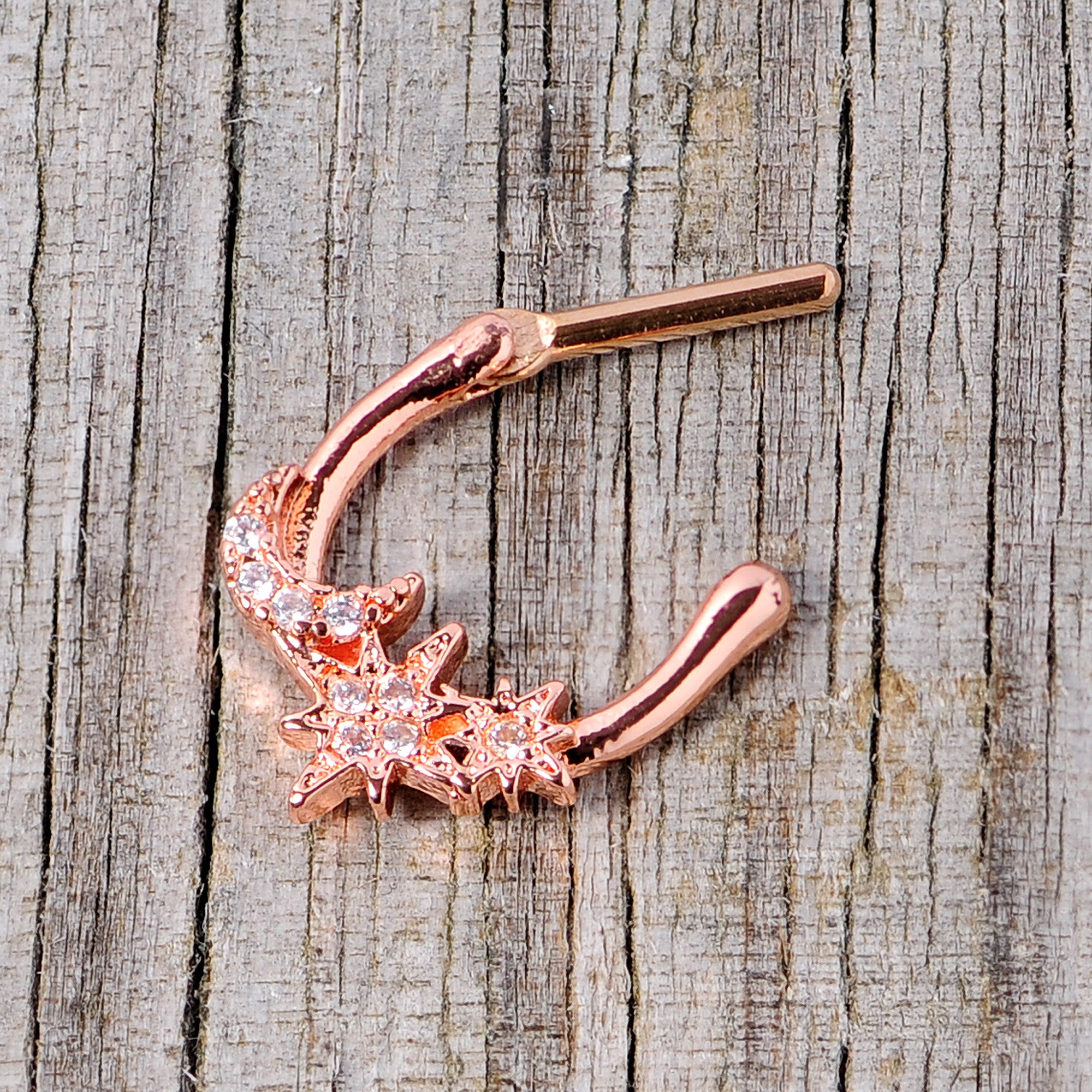 16G 1/4 Clear CZ Gem Rose Gold Tone Moon Stars Cartilage Clicker