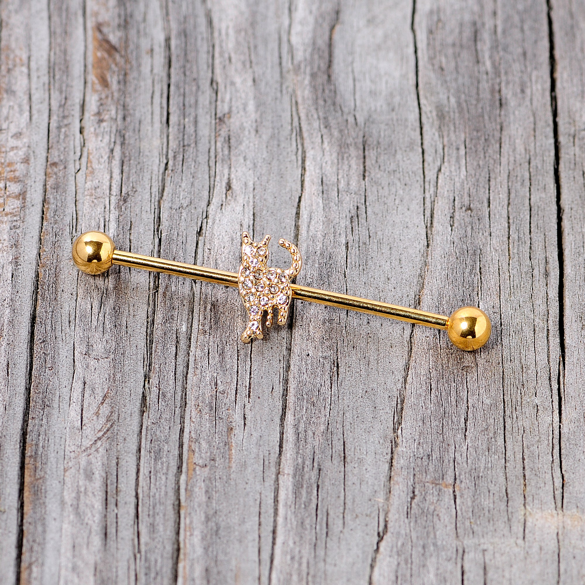 14G Clear Gem Gold Tone Glamourpuss Cat Industrial Barbell 38mm