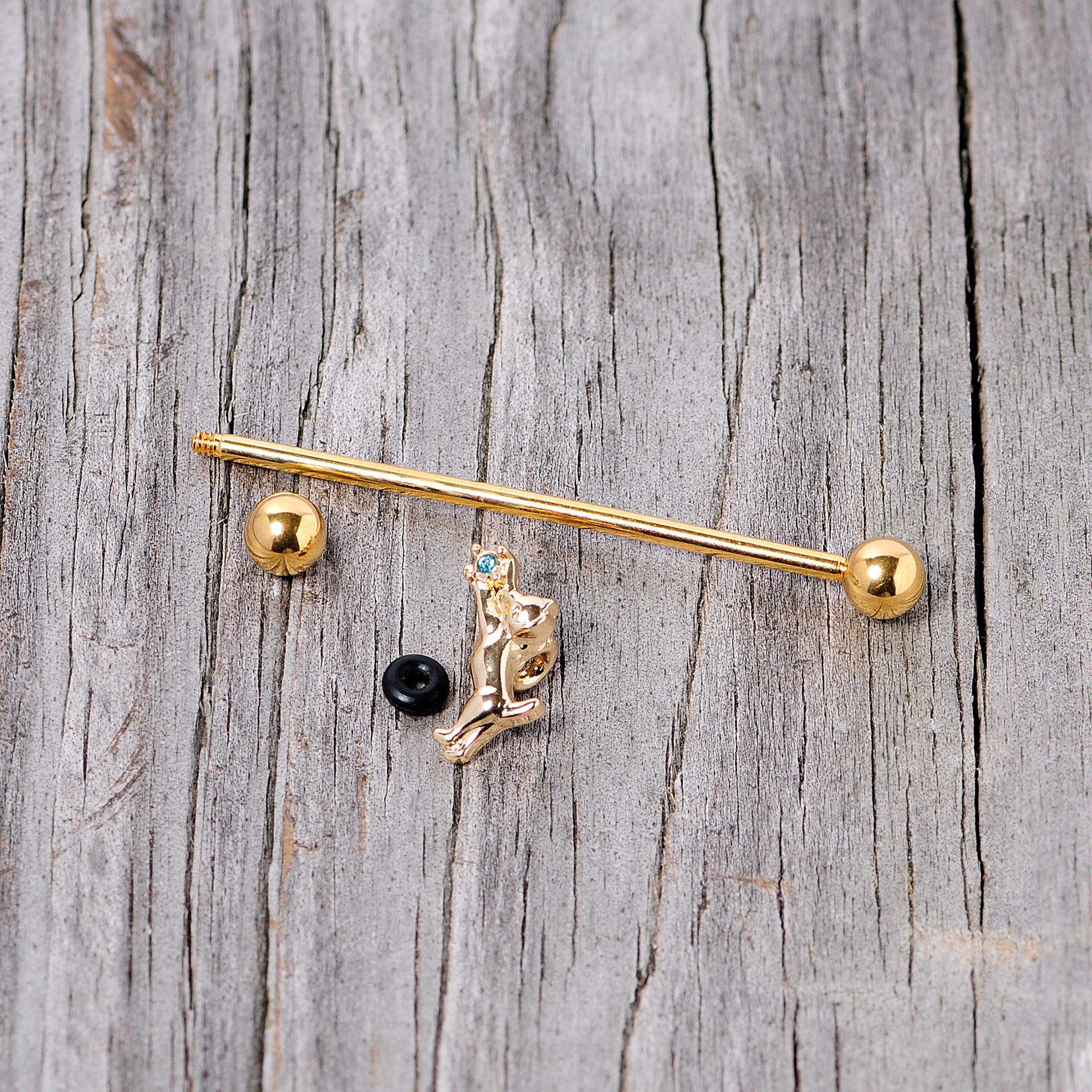 14G Blue Gem Gold Tone Leaping Cat Industrial Barbell 38mm