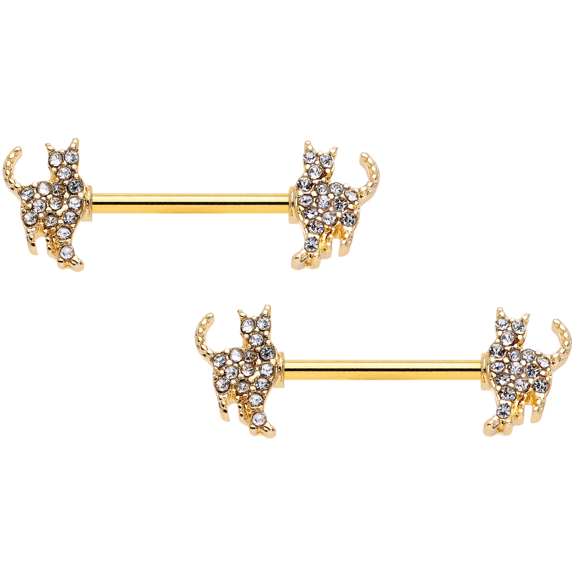 14G 9/16 Clear Gem Gold Tone Glamour Cat Barbell Nipple Ring Set