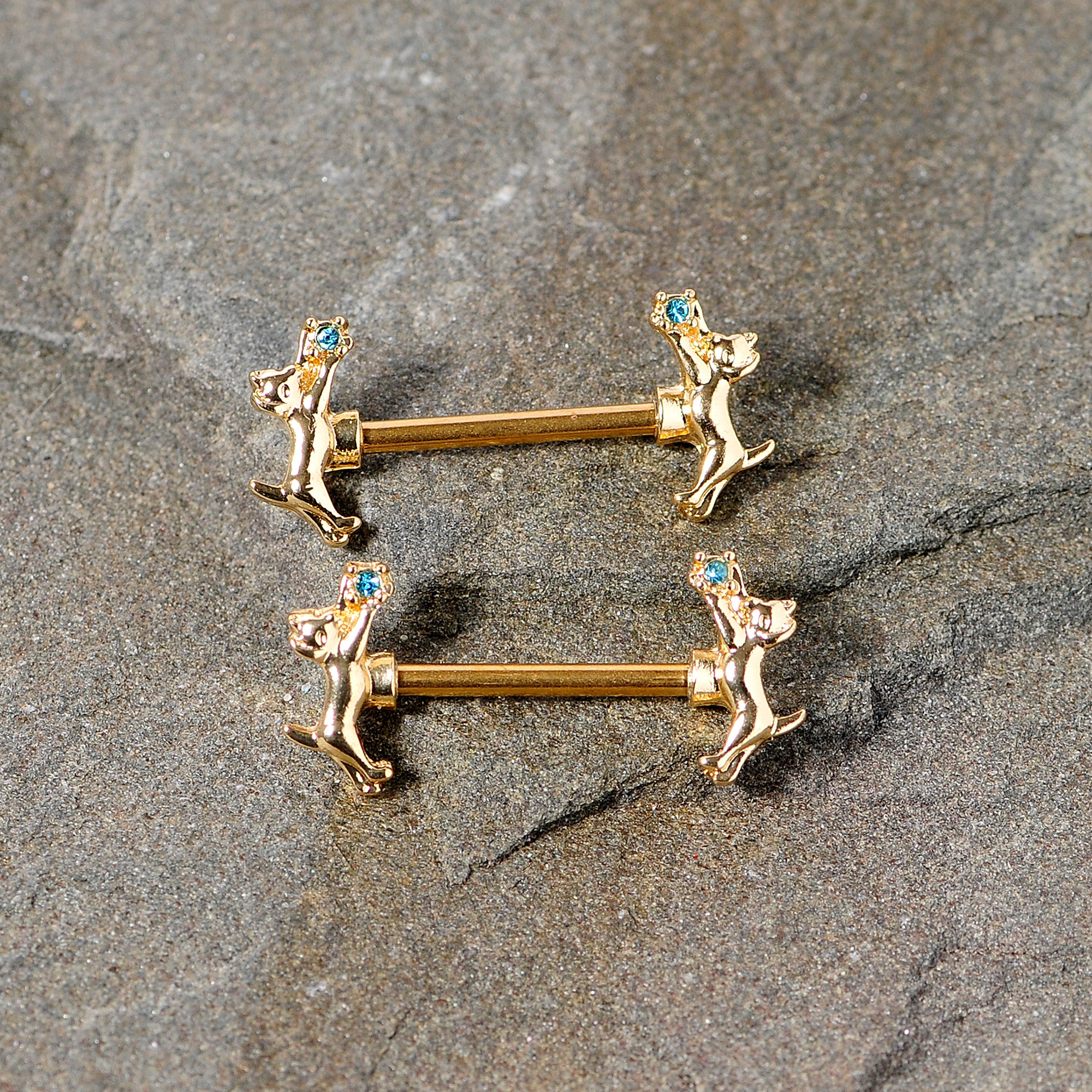 14G 9/16 Blue Gem Gold Tone Leaping Cat Barbell Nipple Ring Set