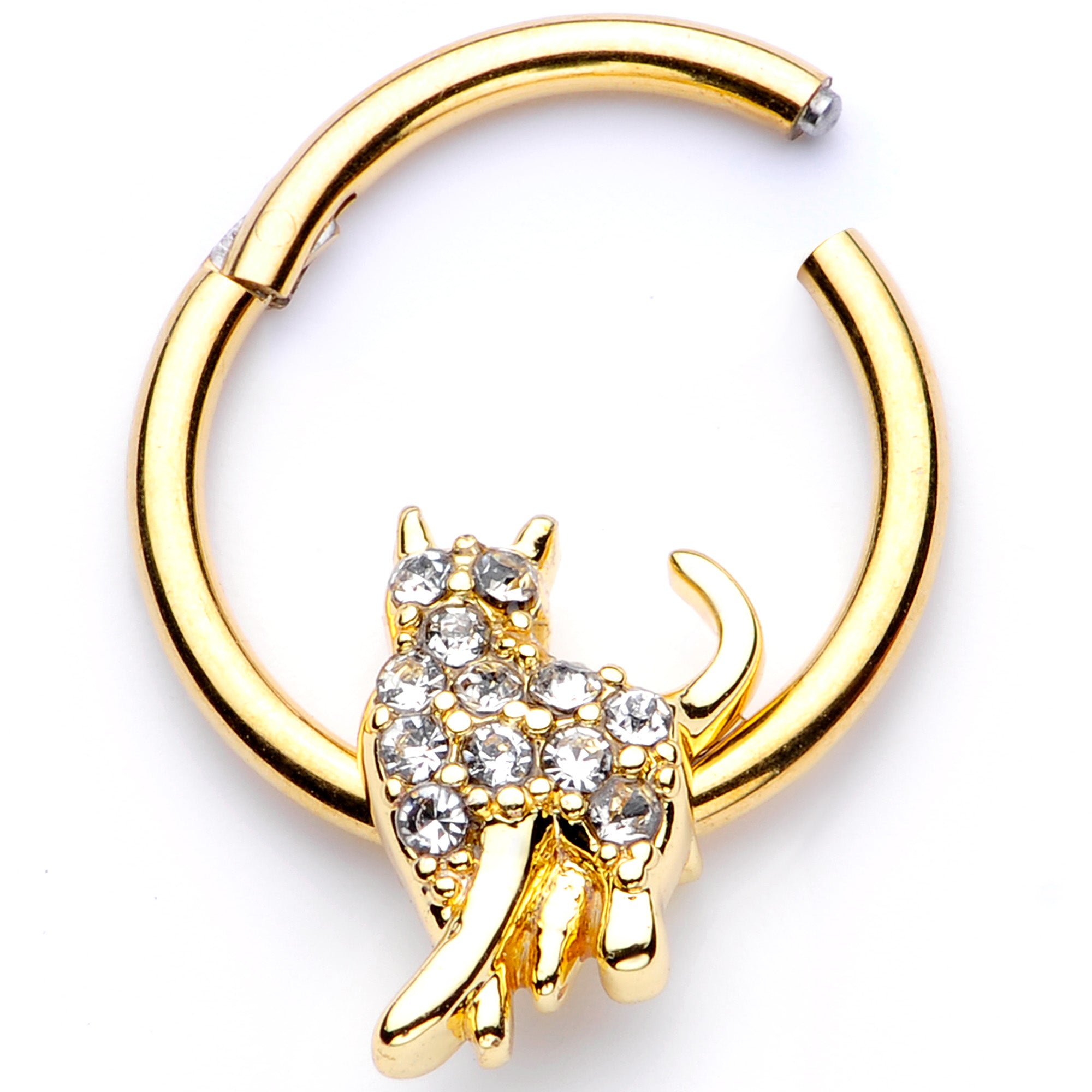 16G 3/8 Clear Gem Gold Tone Glamourpuss Cat Hinged Segment Ring