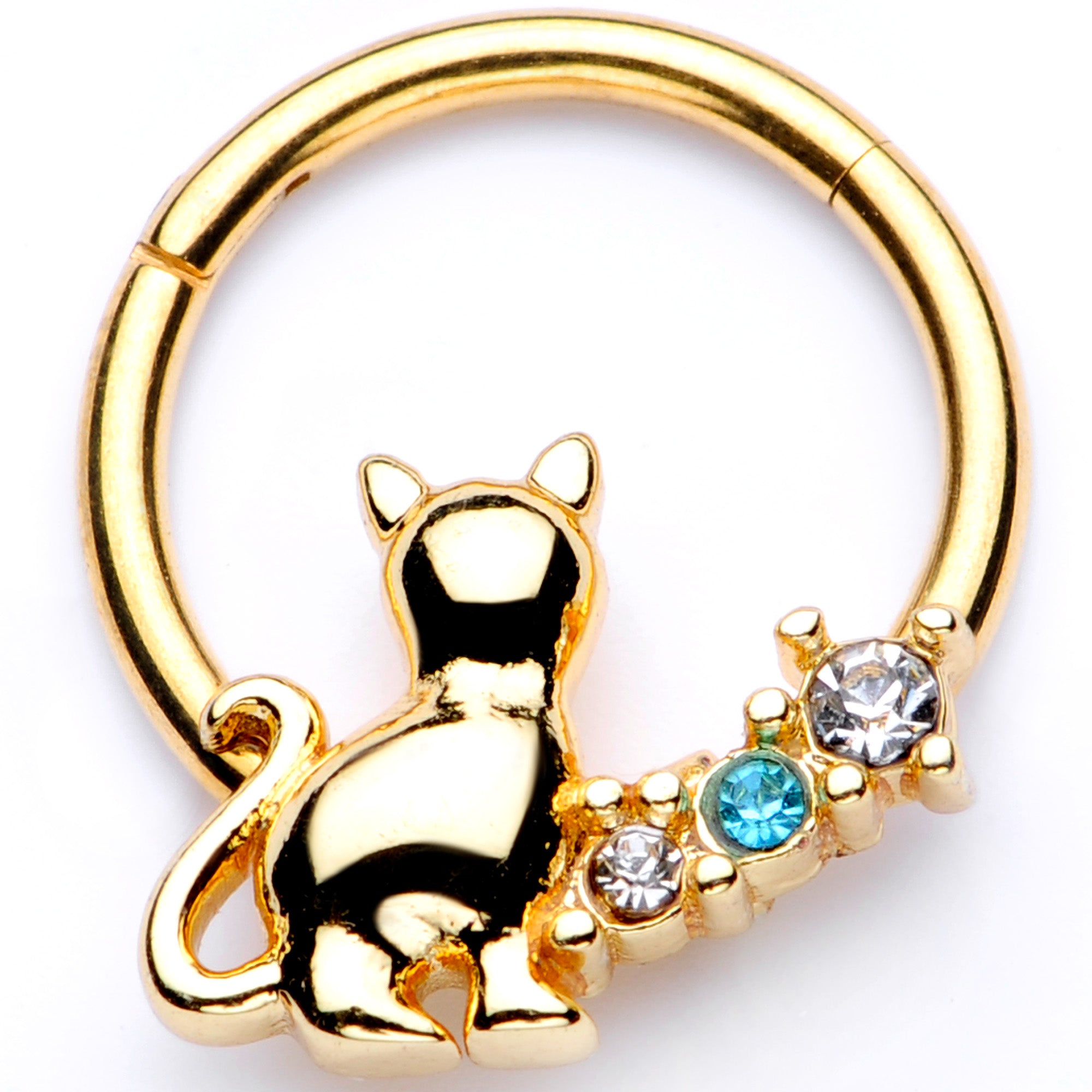 16G 3/8 Blue Clear Gem Gold Tone Cat Hinged Segment Ring