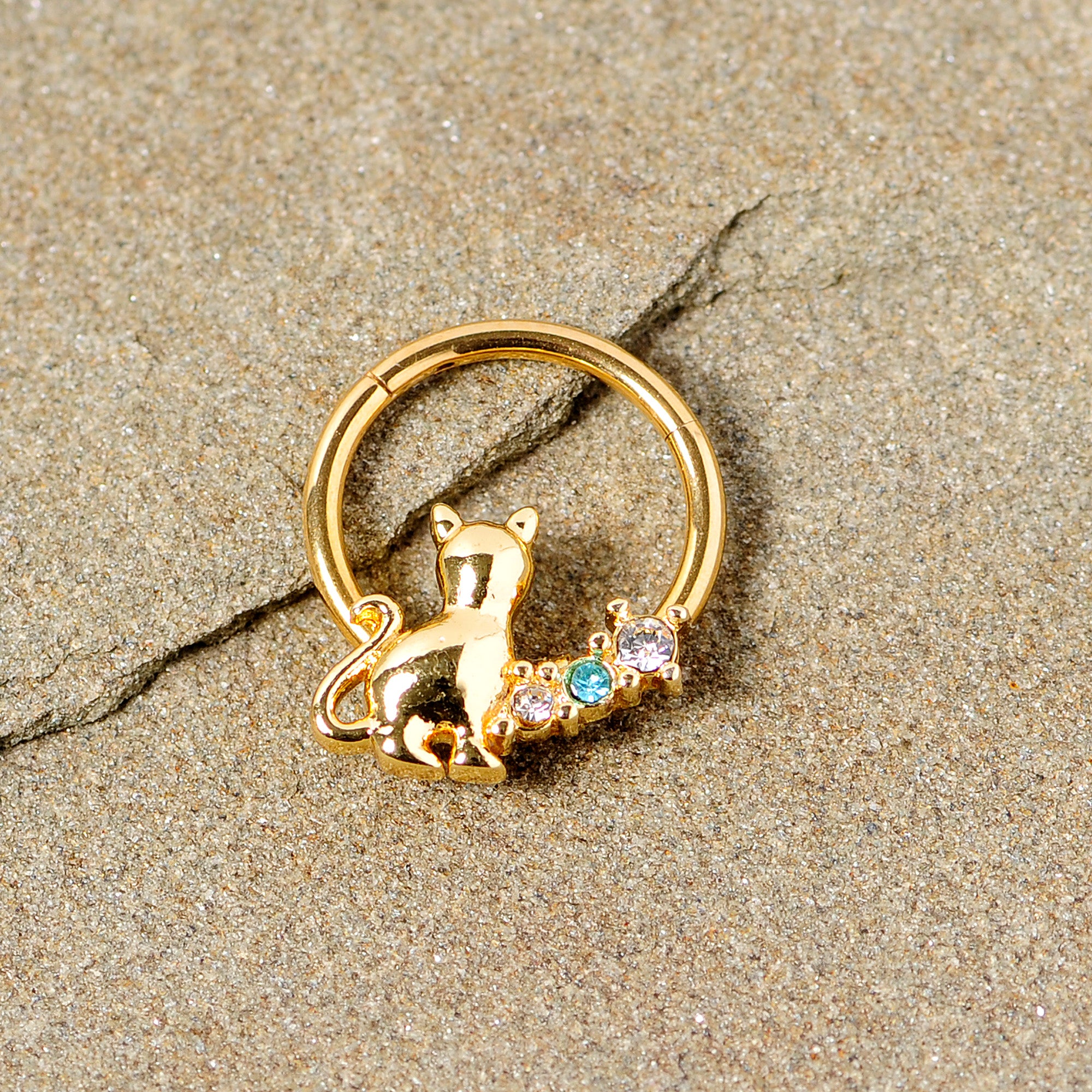 16G 3/8 Blue Clear Gem Gold Tone Cat Hinged Segment Ring