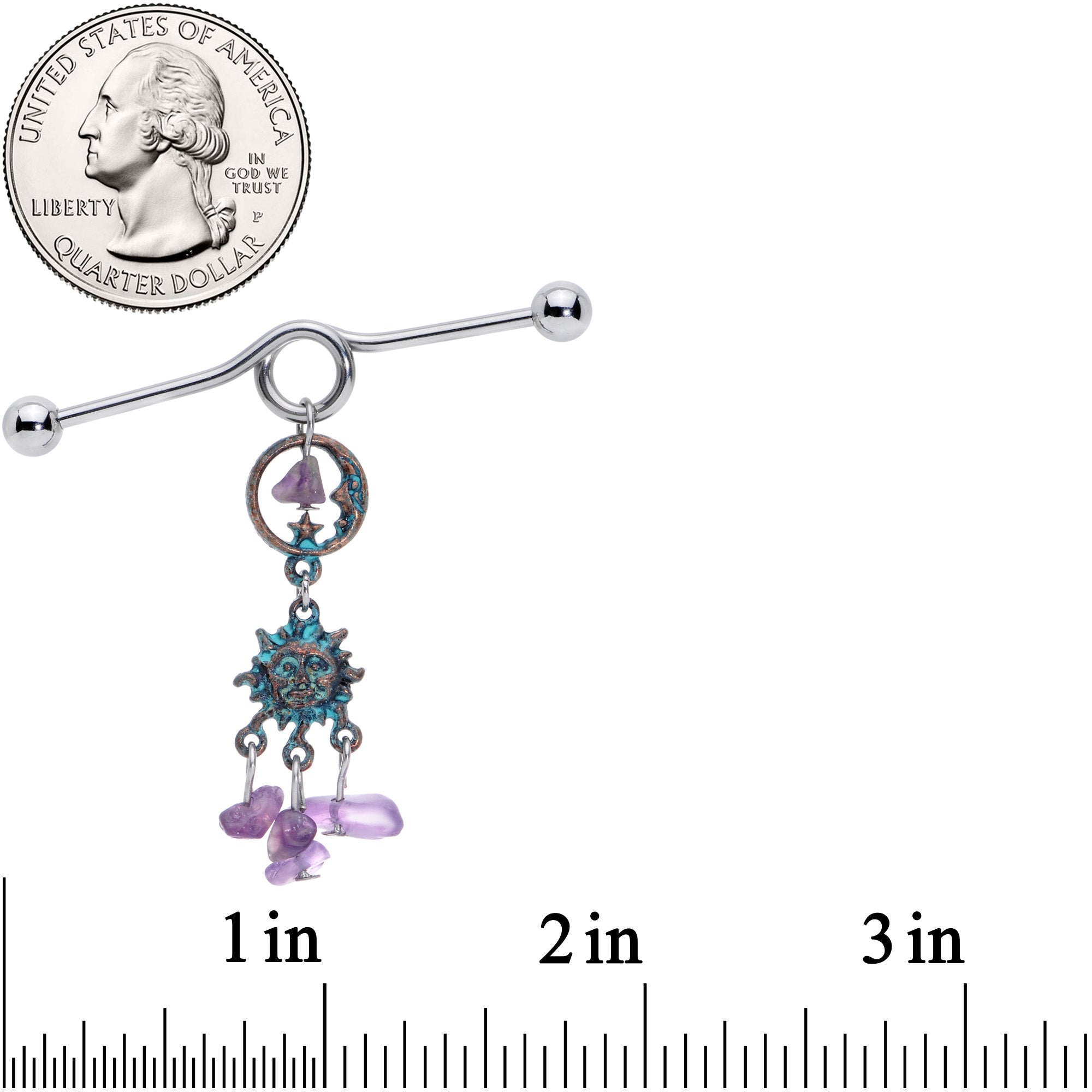 14G Purple Gem Solstice Sun Moon Dangle Halloween Industrial Barbell 38mm