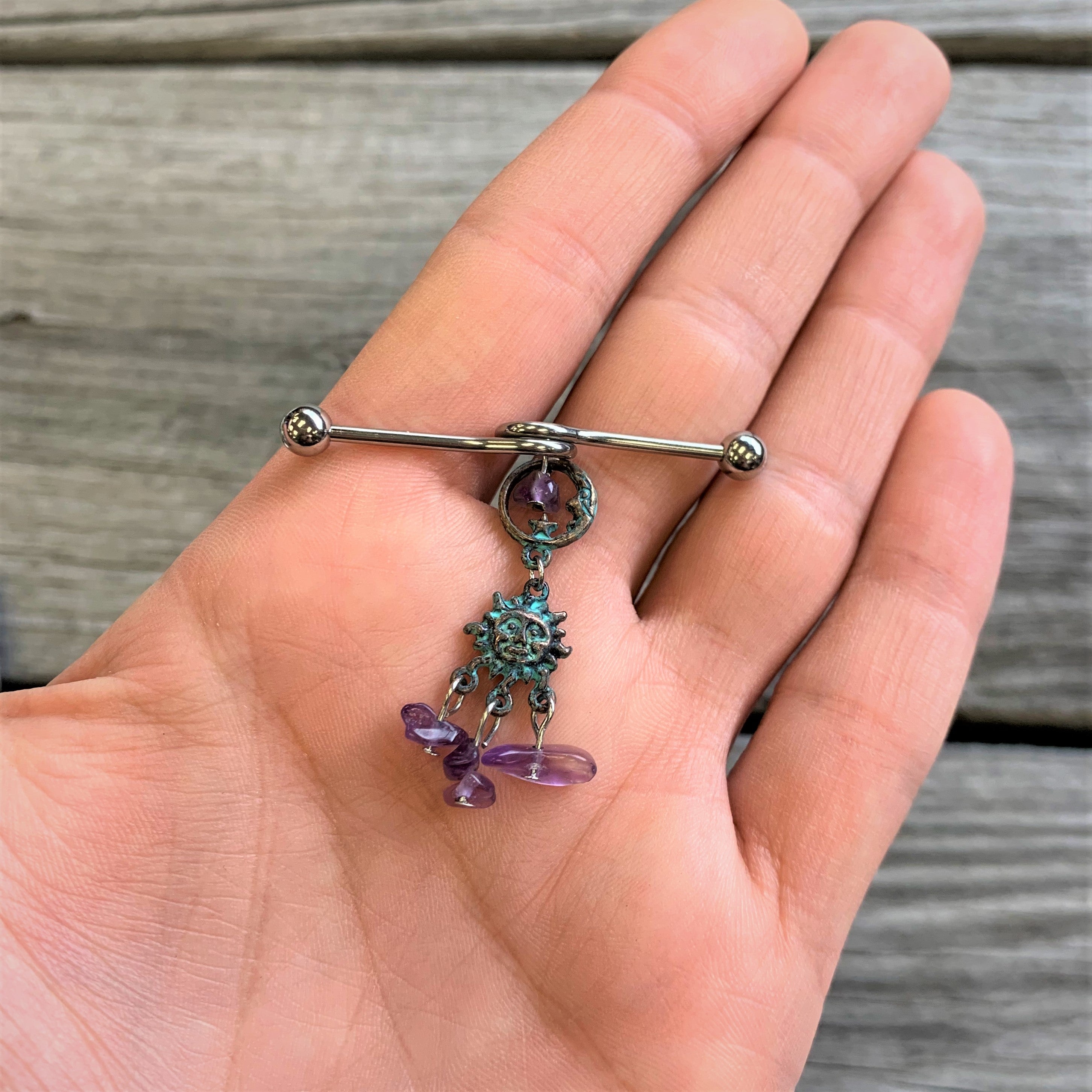 14G Purple Gem Solstice Sun Moon Dangle Halloween Industrial Barbell 38mm