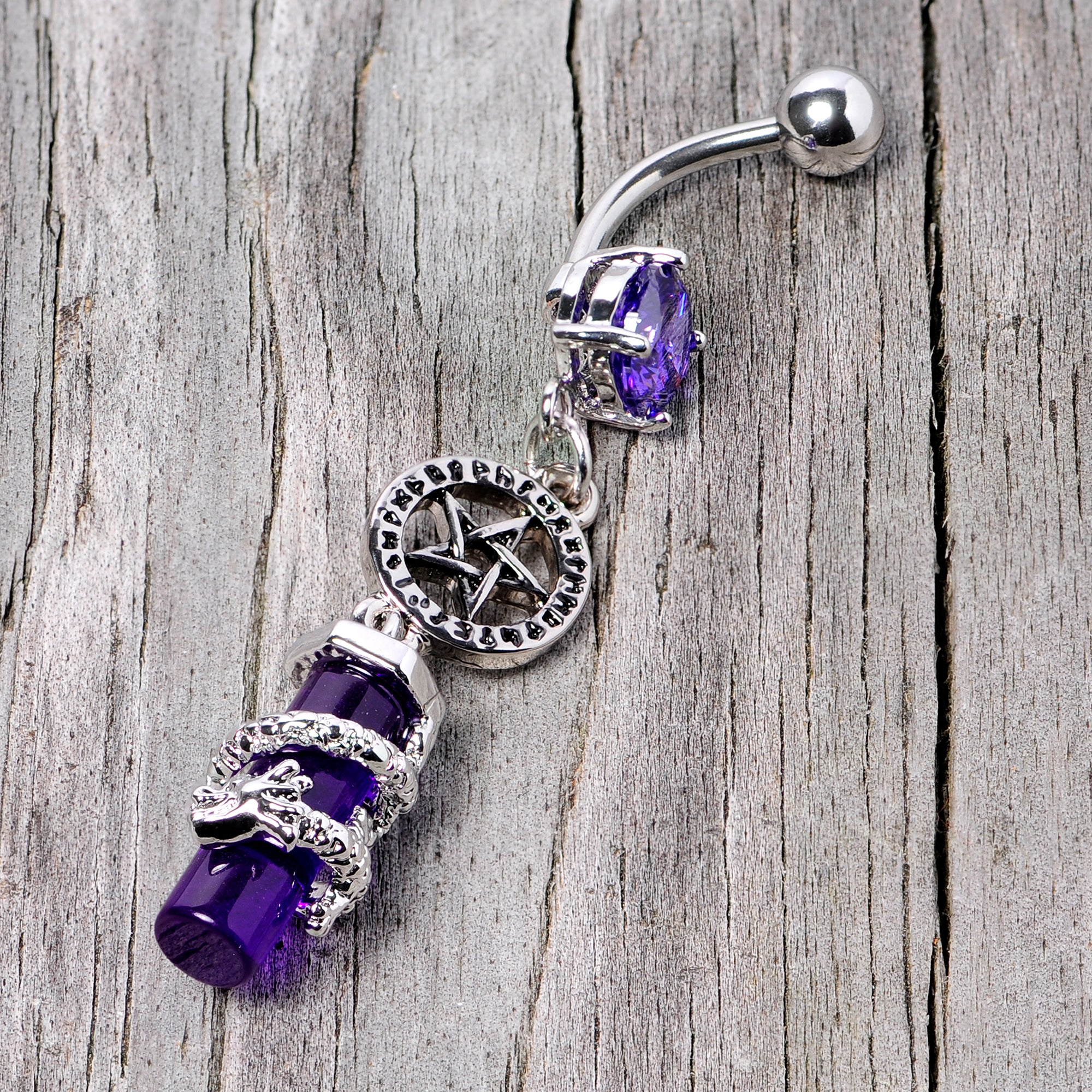 Purple CZ Gem Witch Way Dragon Pentagram Dangle Belly Ring