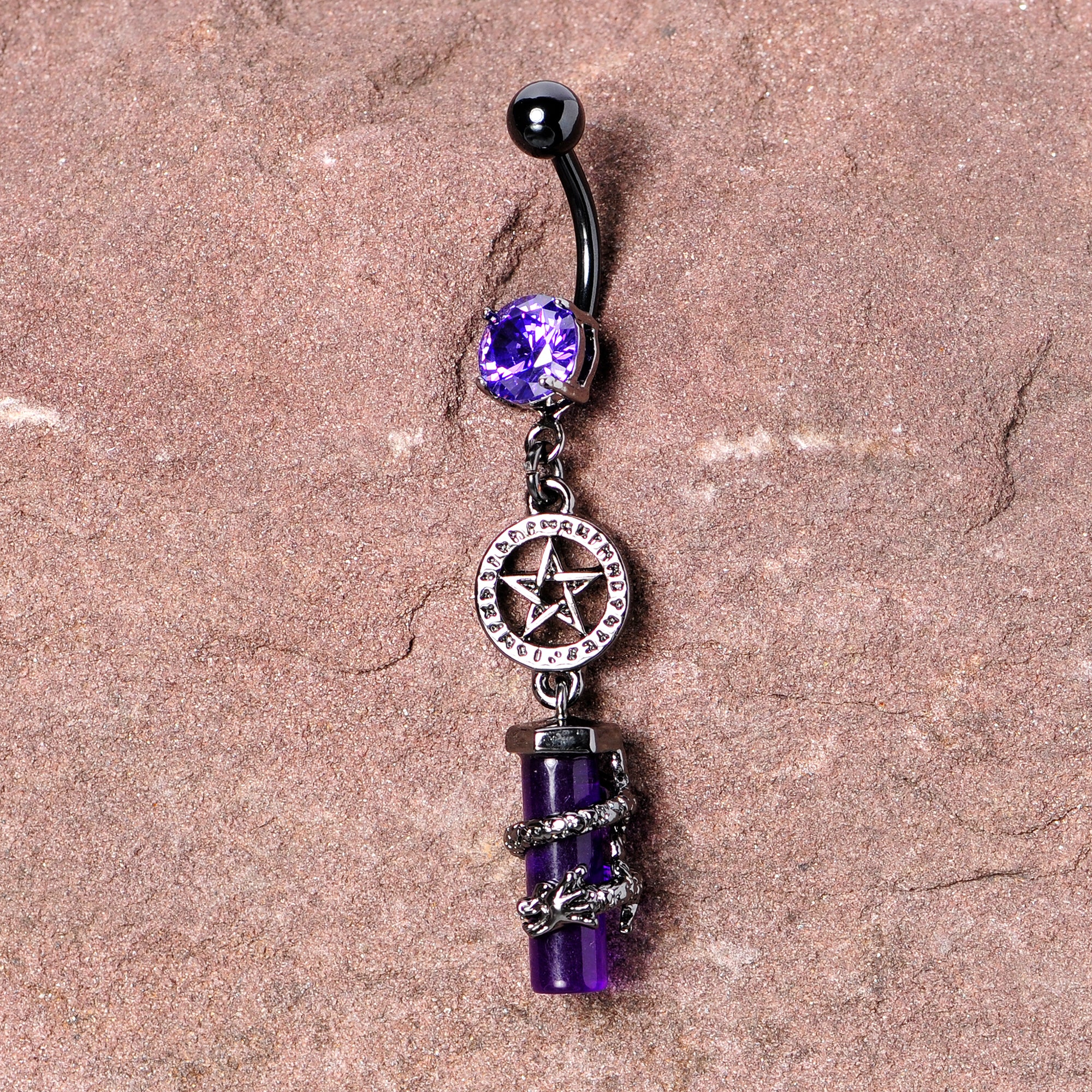 Purple CZ Gem Black Witch Way Dragon Pentagram Dangle Belly Ring