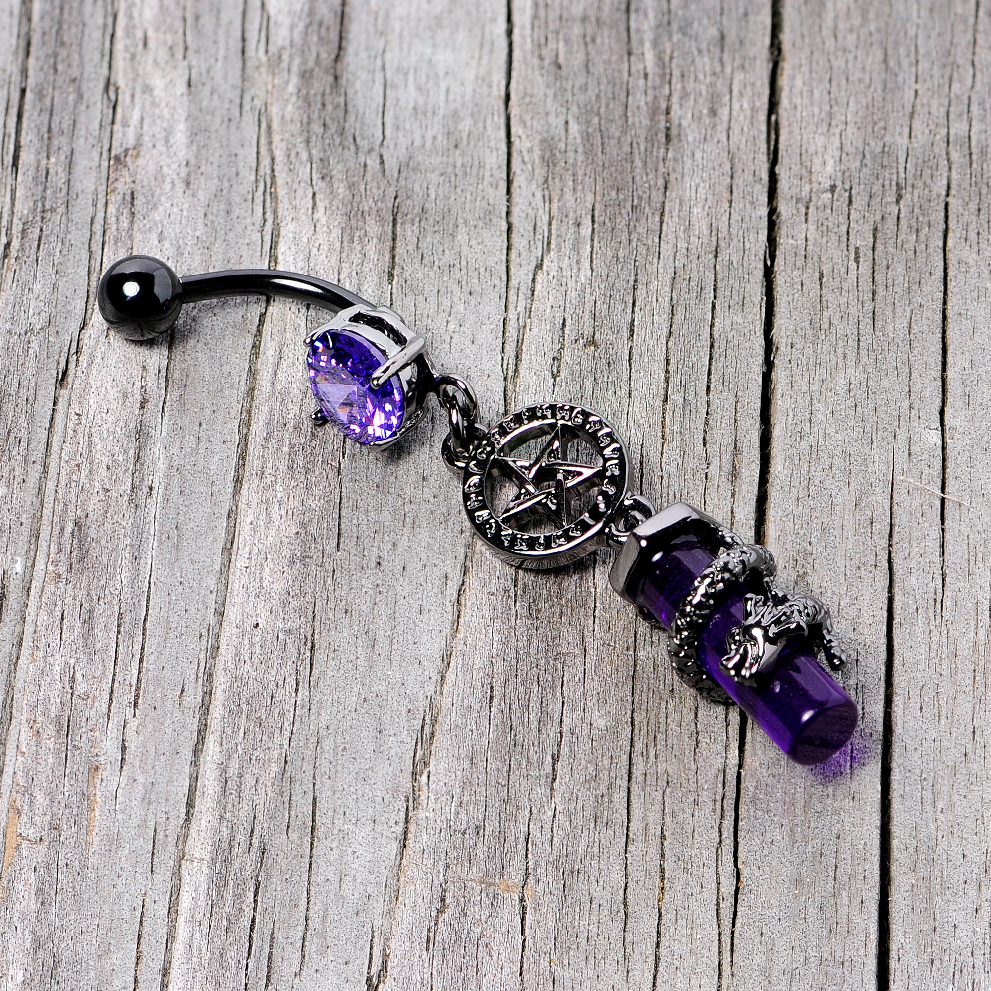 Purple CZ Gem Black Witch Way Dragon Pentagram Dangle Belly Ring