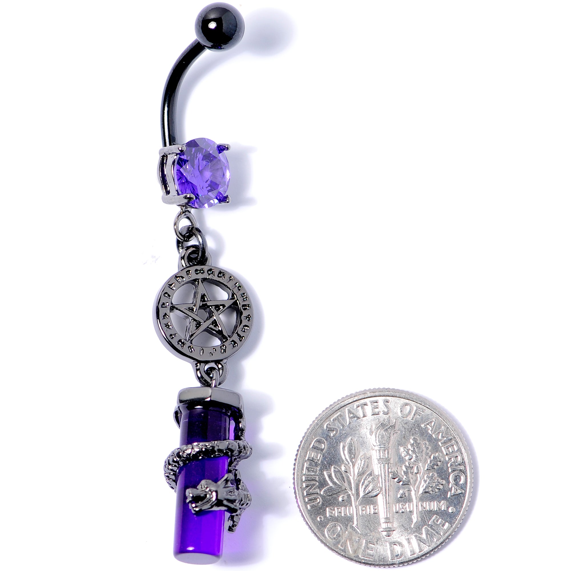Purple CZ Gem Black Witch Way Dragon Pentagram Dangle Belly Ring