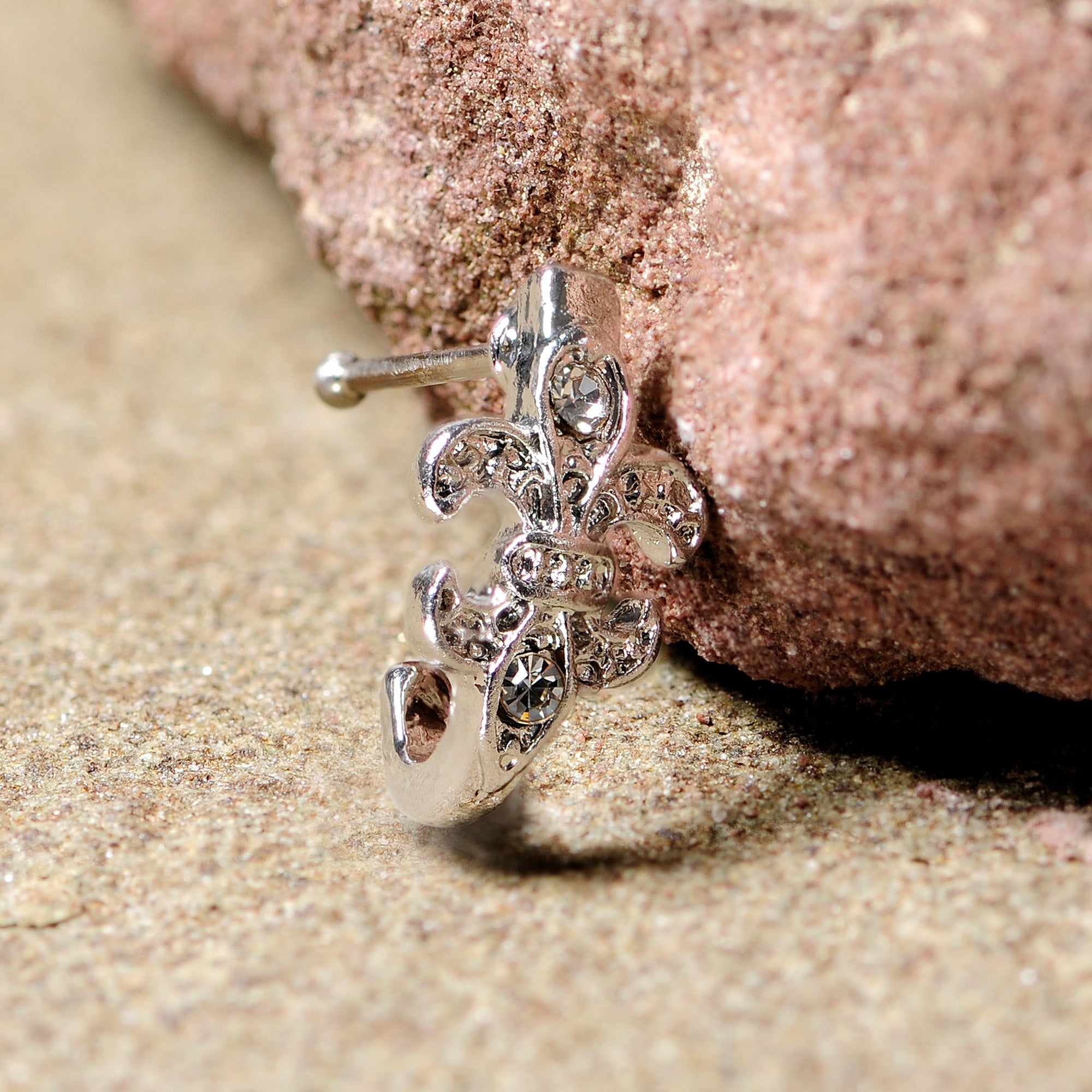 20G 3/8 Clear Gem Fleur De Lis Faux Hoop Nose Bone