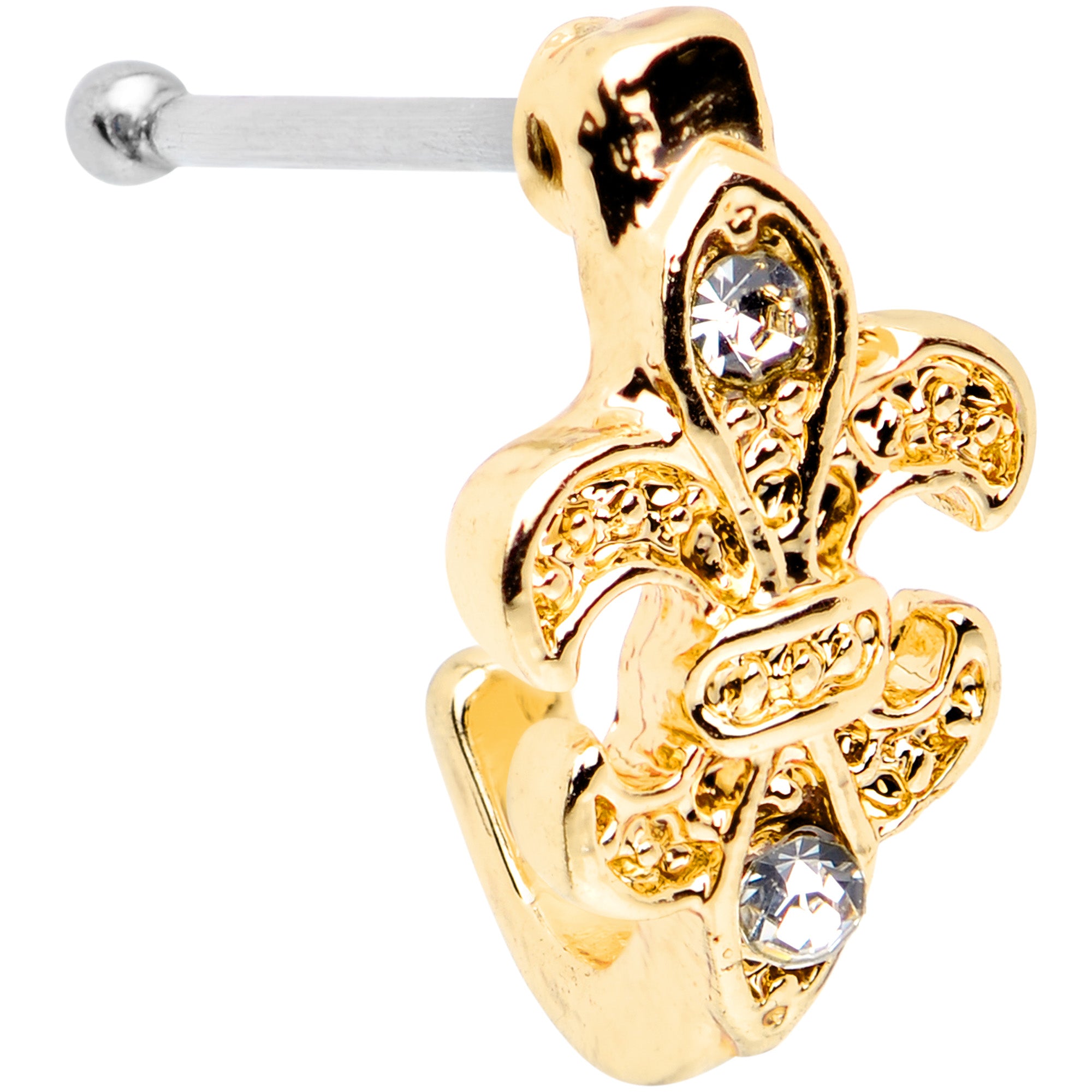 20G 3/8 Clear Gem Gold Tone Fleur De Lis Faux Hoop Nose Bone