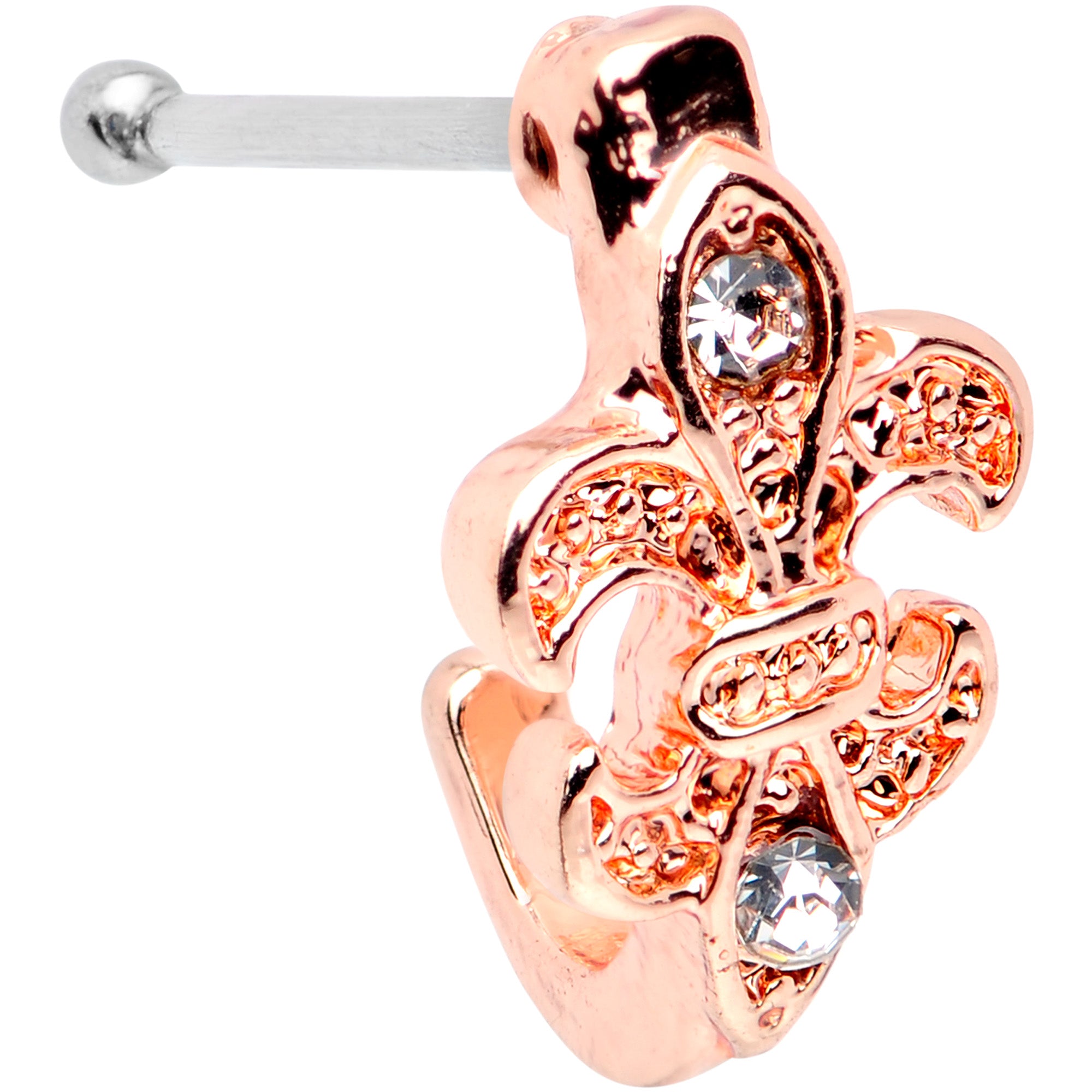20G 3/8 Clear Gem Rose Gold Tone Fleur De Lis Faux Hoop Nose Bone