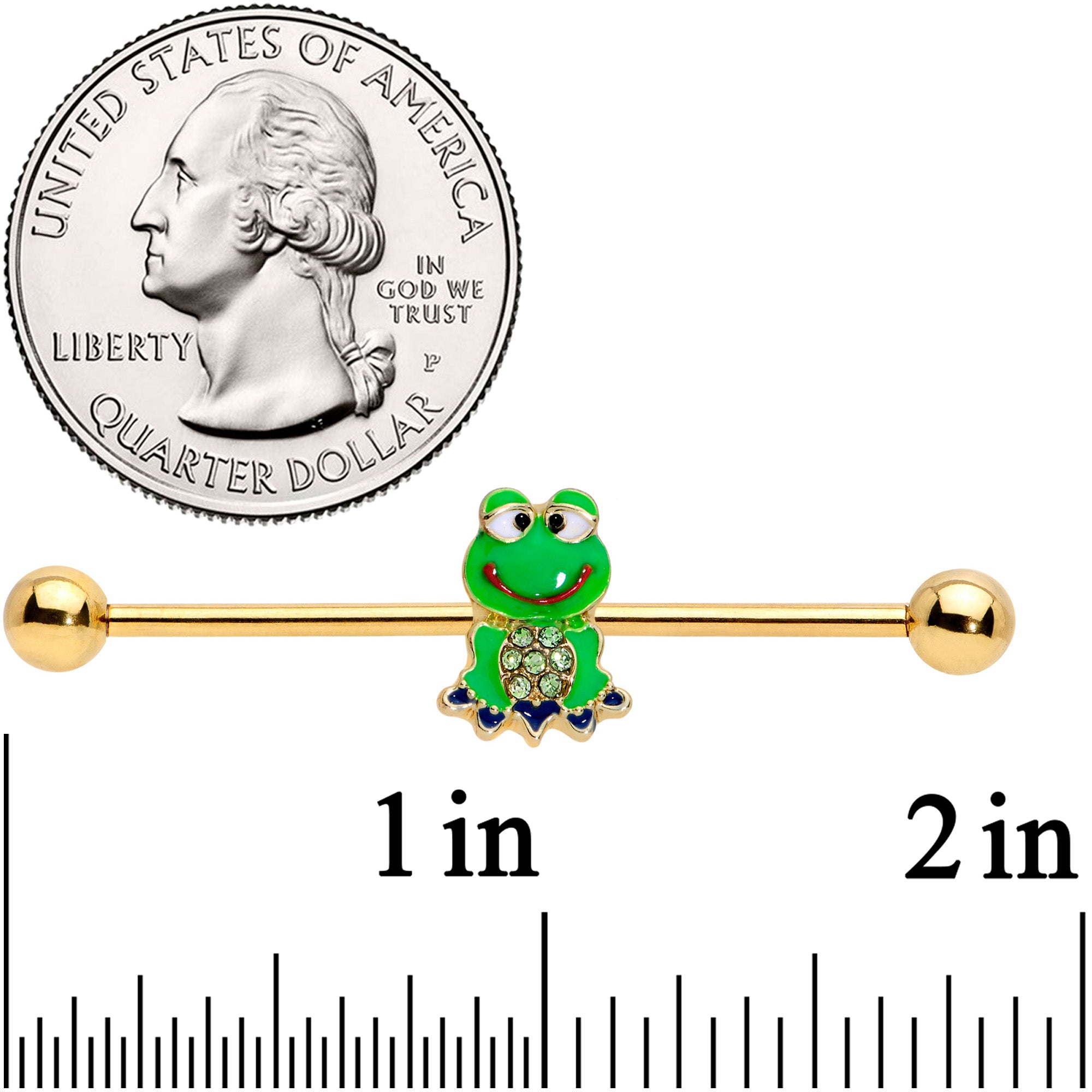 14G Green Gem Gold Tone Green Goofy Frog Industrial Barbell 38mm