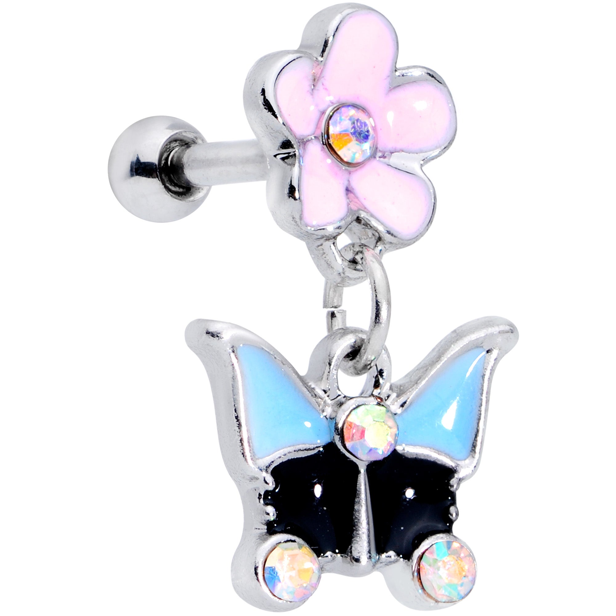 16G 1/4 Aurora Gem Flower Butterfly Dangle Cartilage Earring