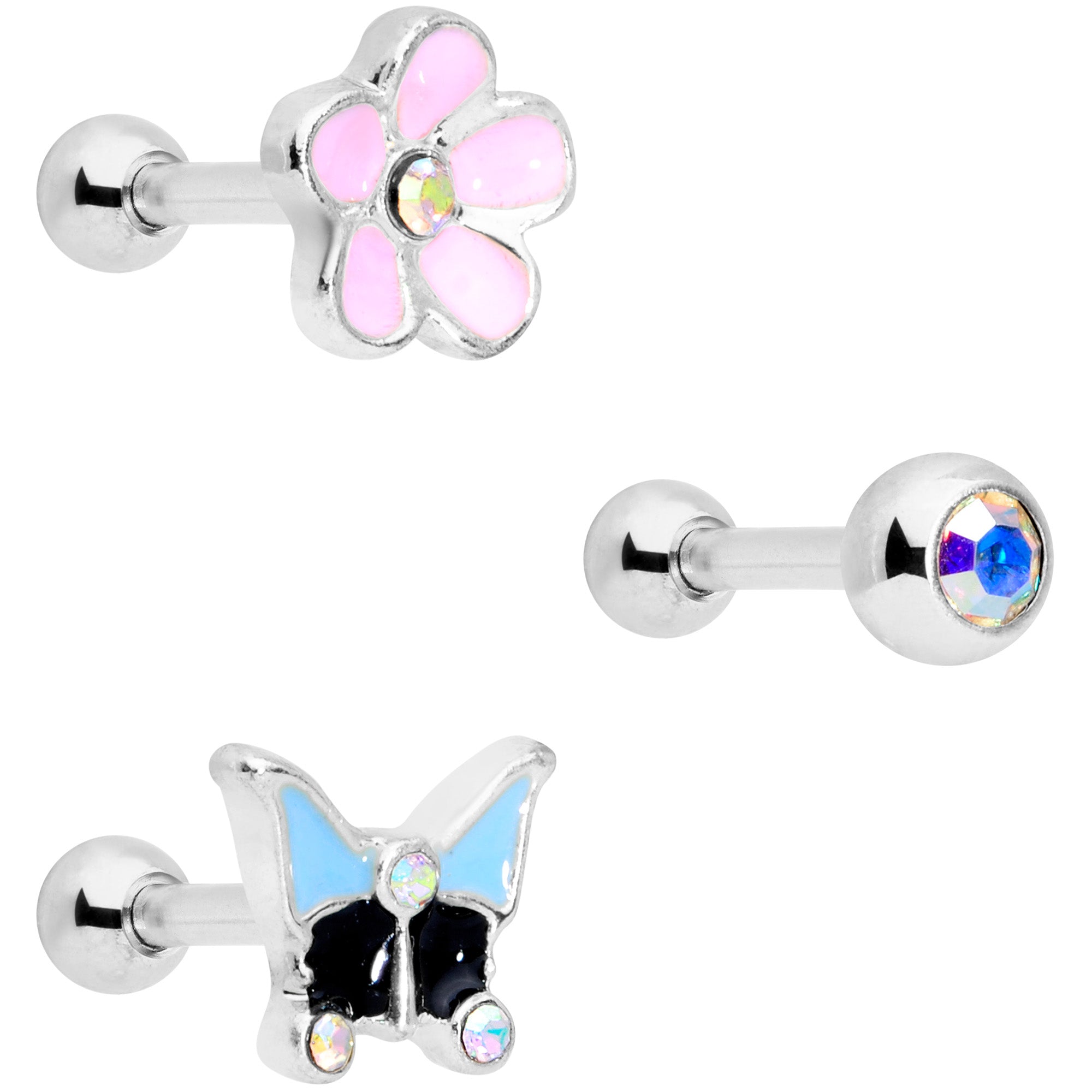 16G 1/4 Aurora Gem Flower Cartilage Tragus Set of 3