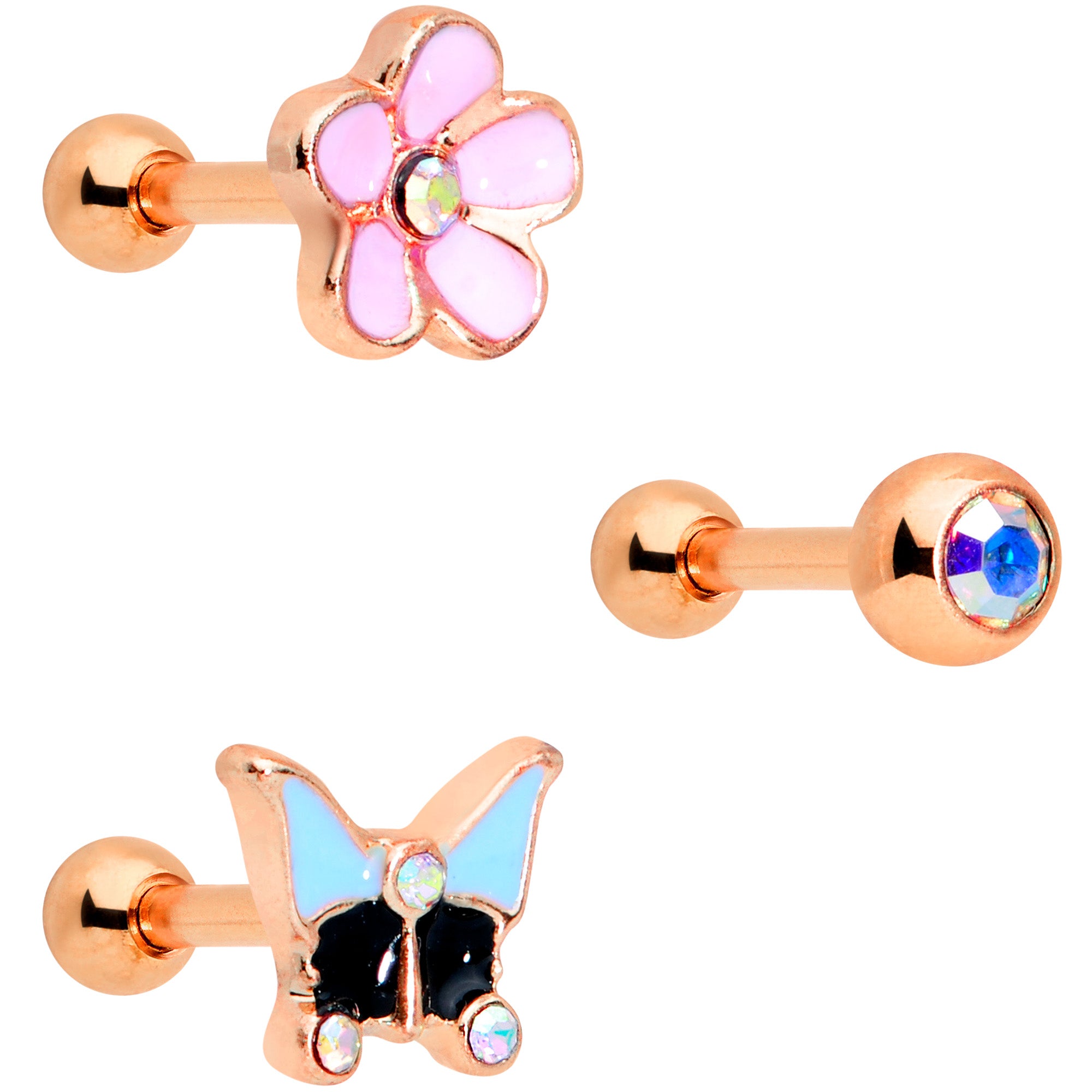 16G 1/4 Aurora Gem Rose Gold Tone Flower Cartilage Tragus Set of 3
