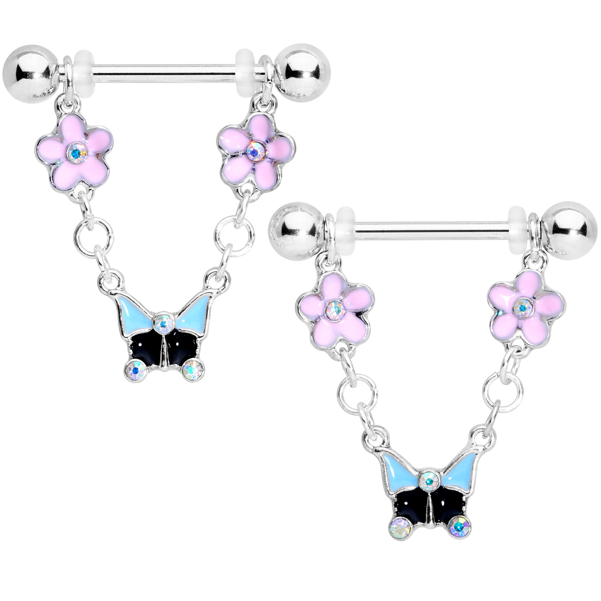 14G 5/8 Aurora Gem Flower Dangle Nipple Ring Set
