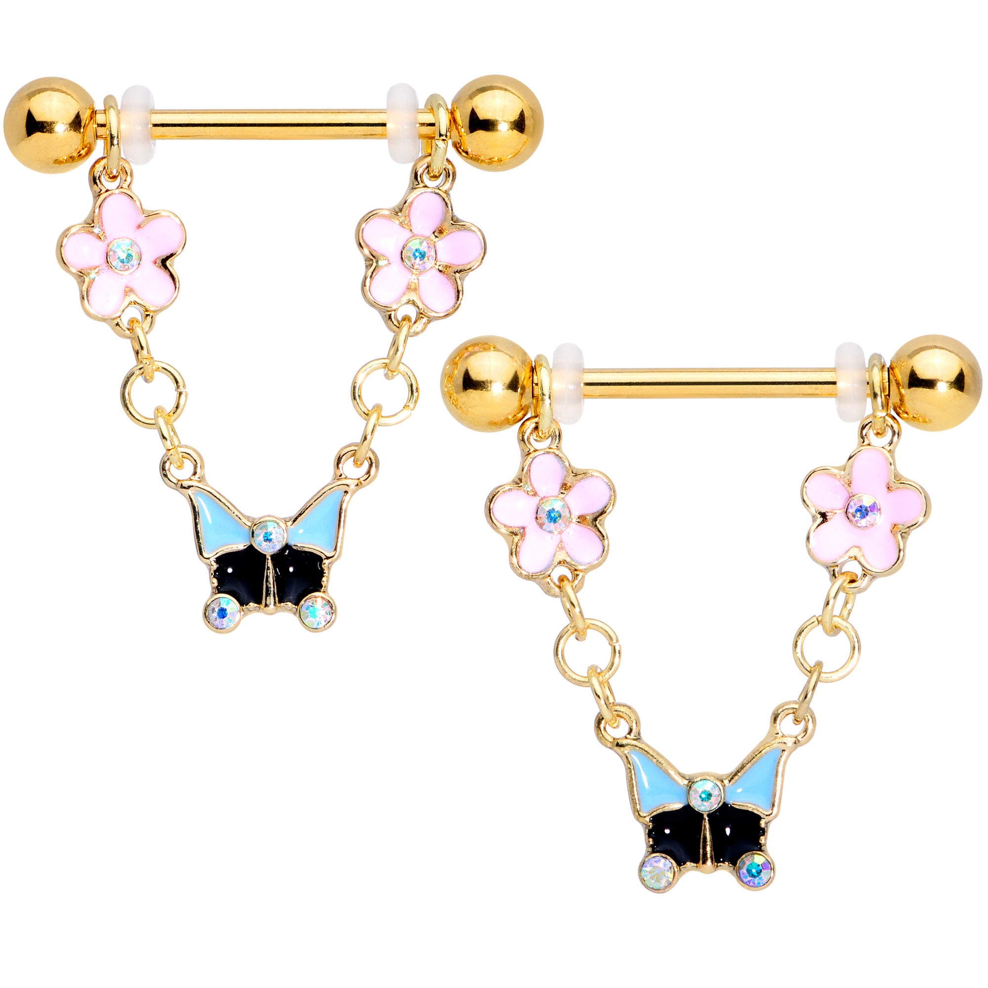 14G 5/8 Aurora Gem Gold Tone Flower Dangle Nipple Ring Set