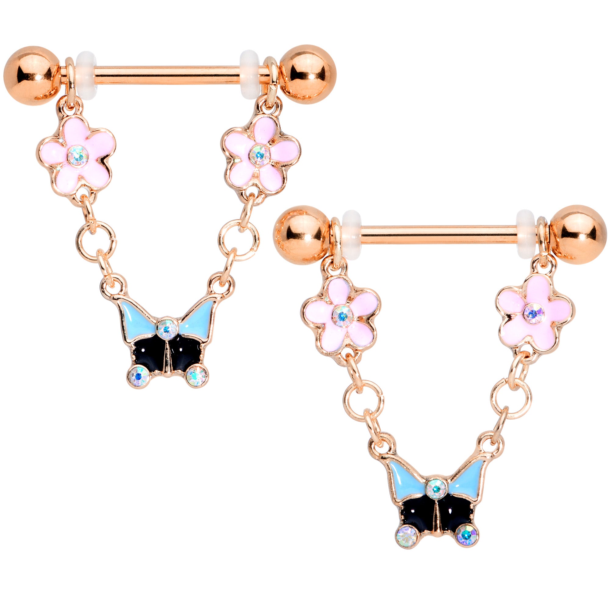 14G 5/8 Aurora Gem Rose Gold Tone Flower Dangle Nipple Ring Set