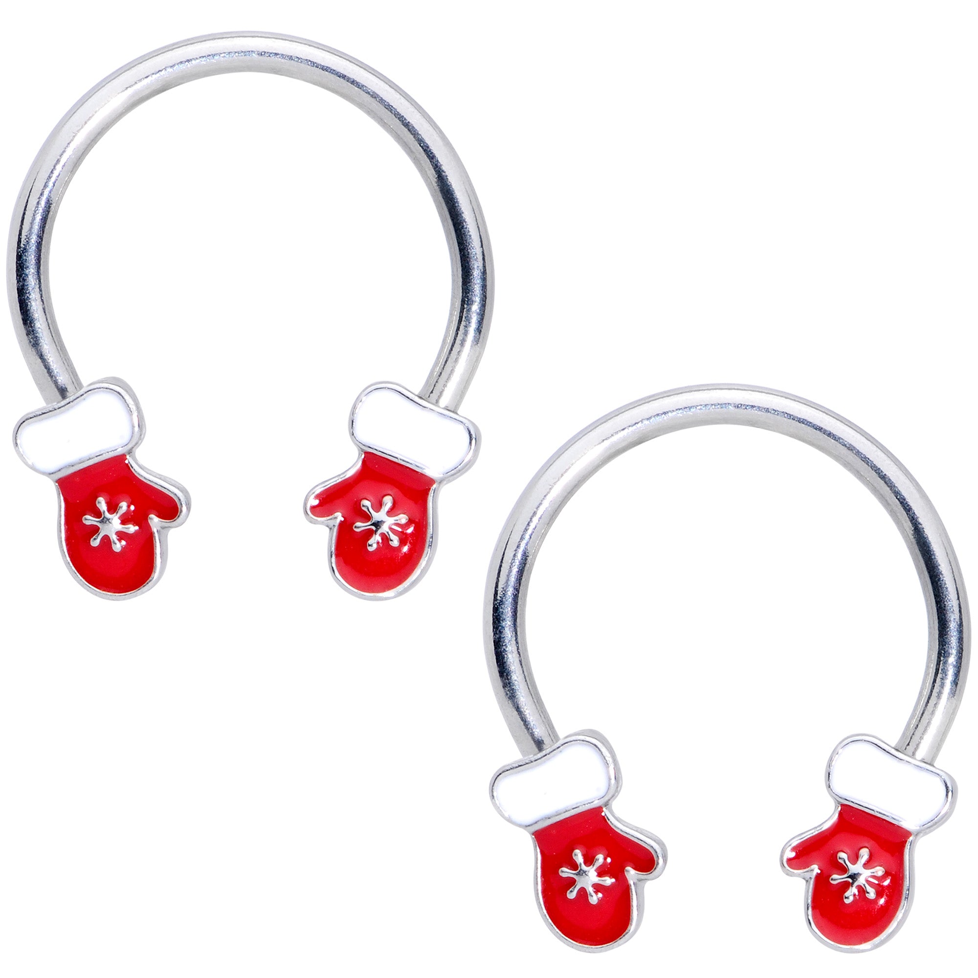 14G 9/16 Red White Mittens Christmas Horseshoe Nipple Ring Set