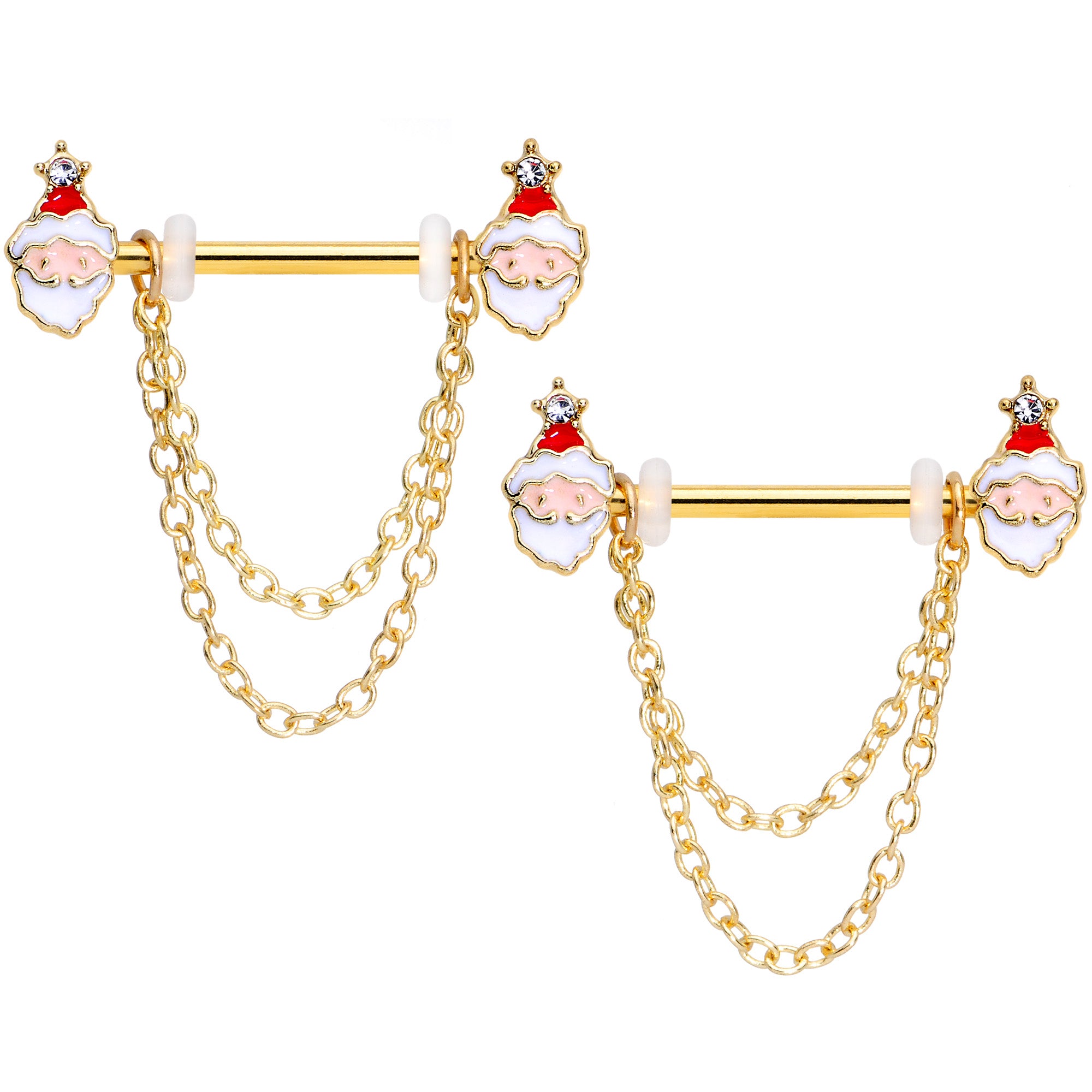 14G 5/8 Clear Gem Gold Tone Santa Dangle Nipple Ring Set