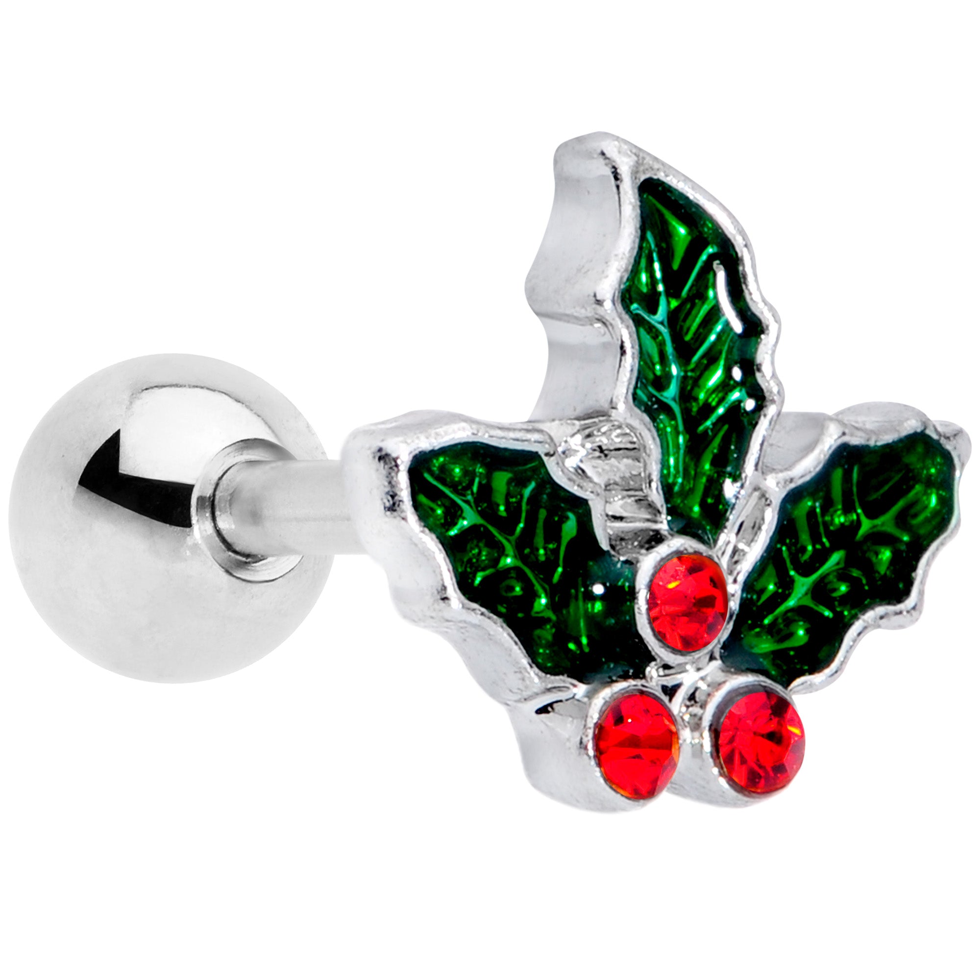 16G 1/4 Red Gem Holly Berry Christmas Cartilage Tragus