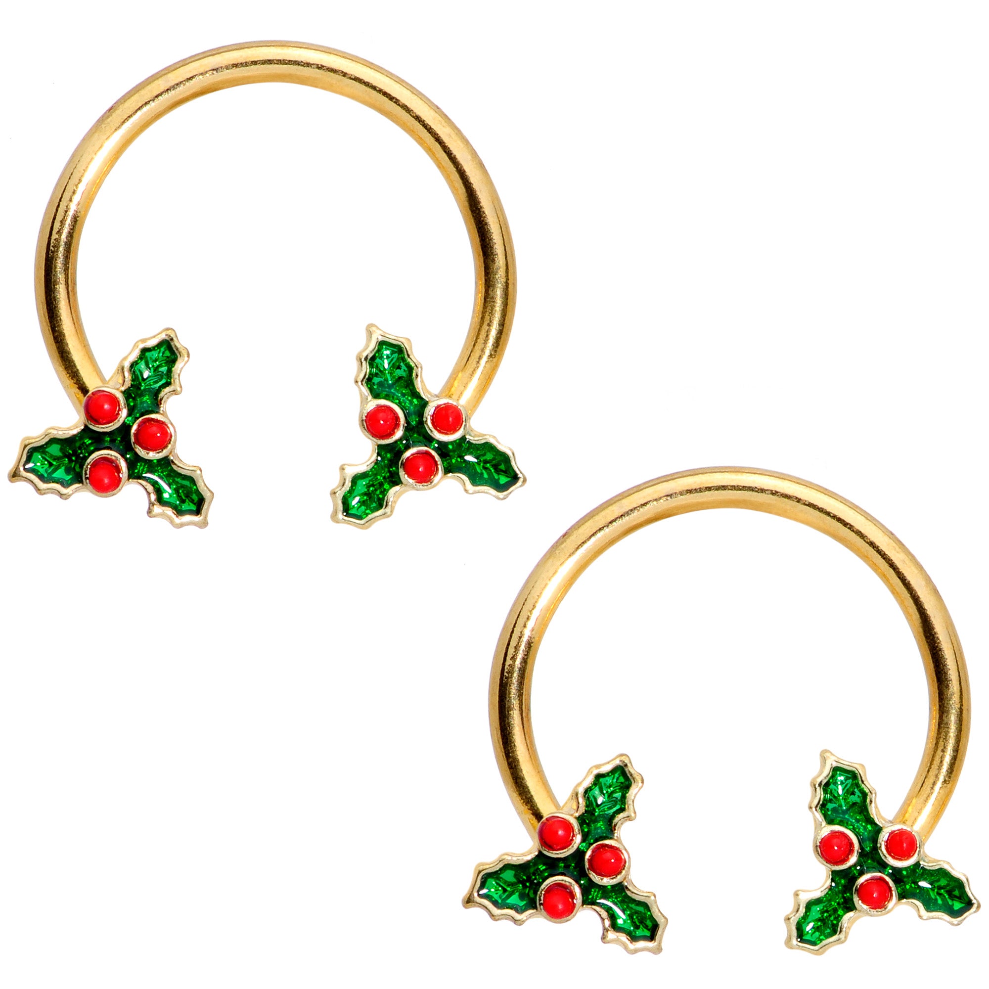 14G 9/16 Gold Tone Holly Christmas Horseshoe Nipple Ring Set