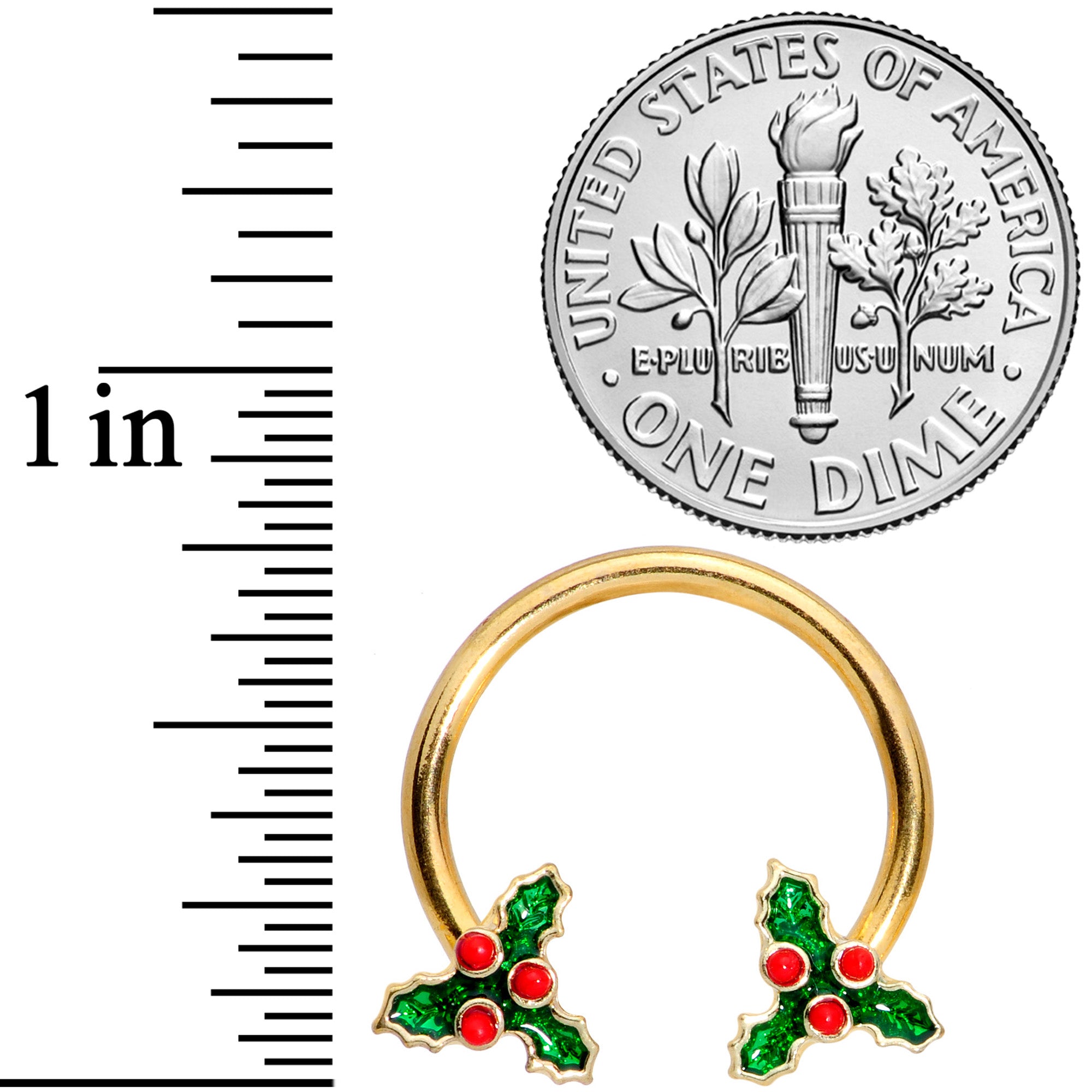 14G 9/16 Gold Tone Holly Christmas Horseshoe Nipple Ring Set