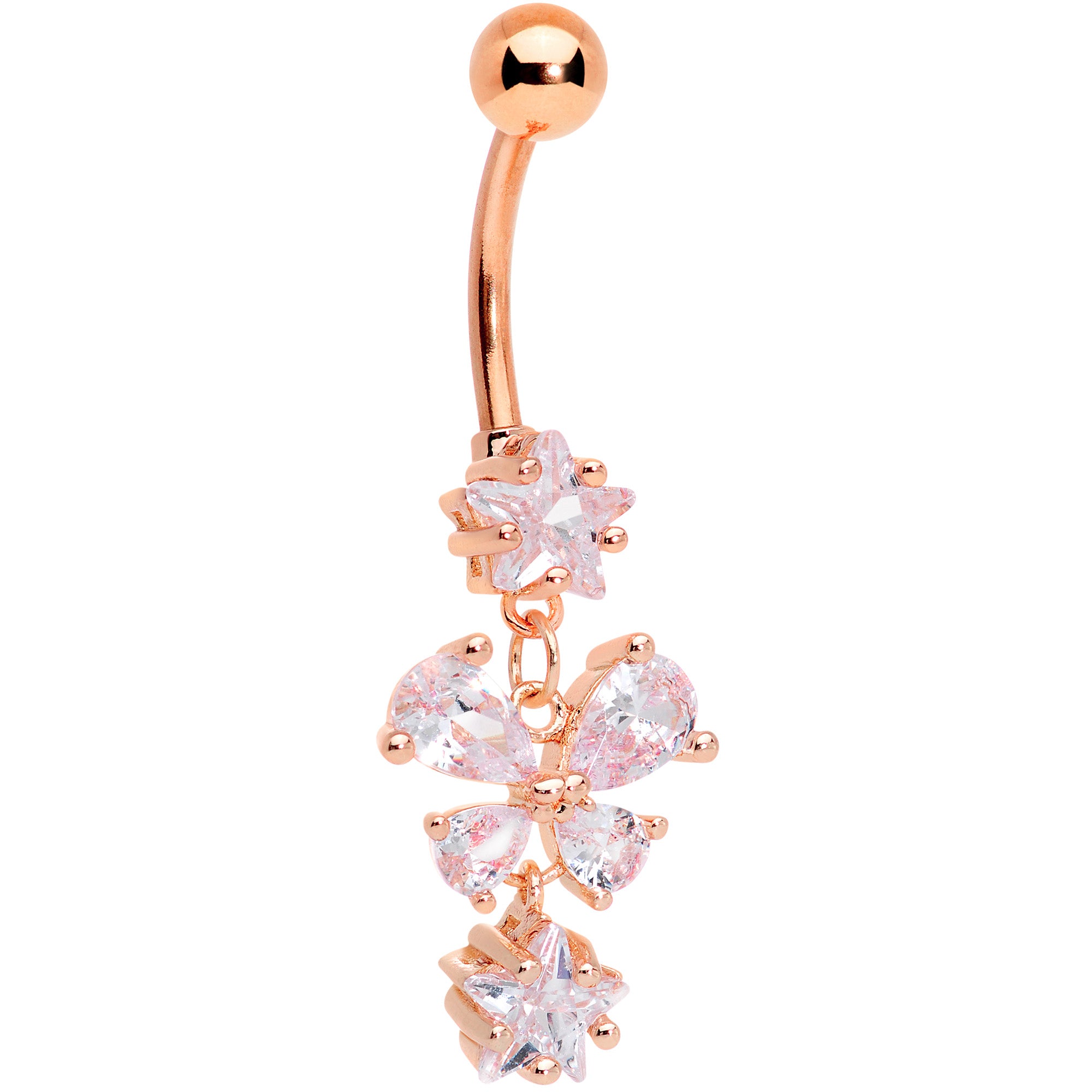Clear Gem Rose Gold Tone Star and Bow Dangle Belly Ring