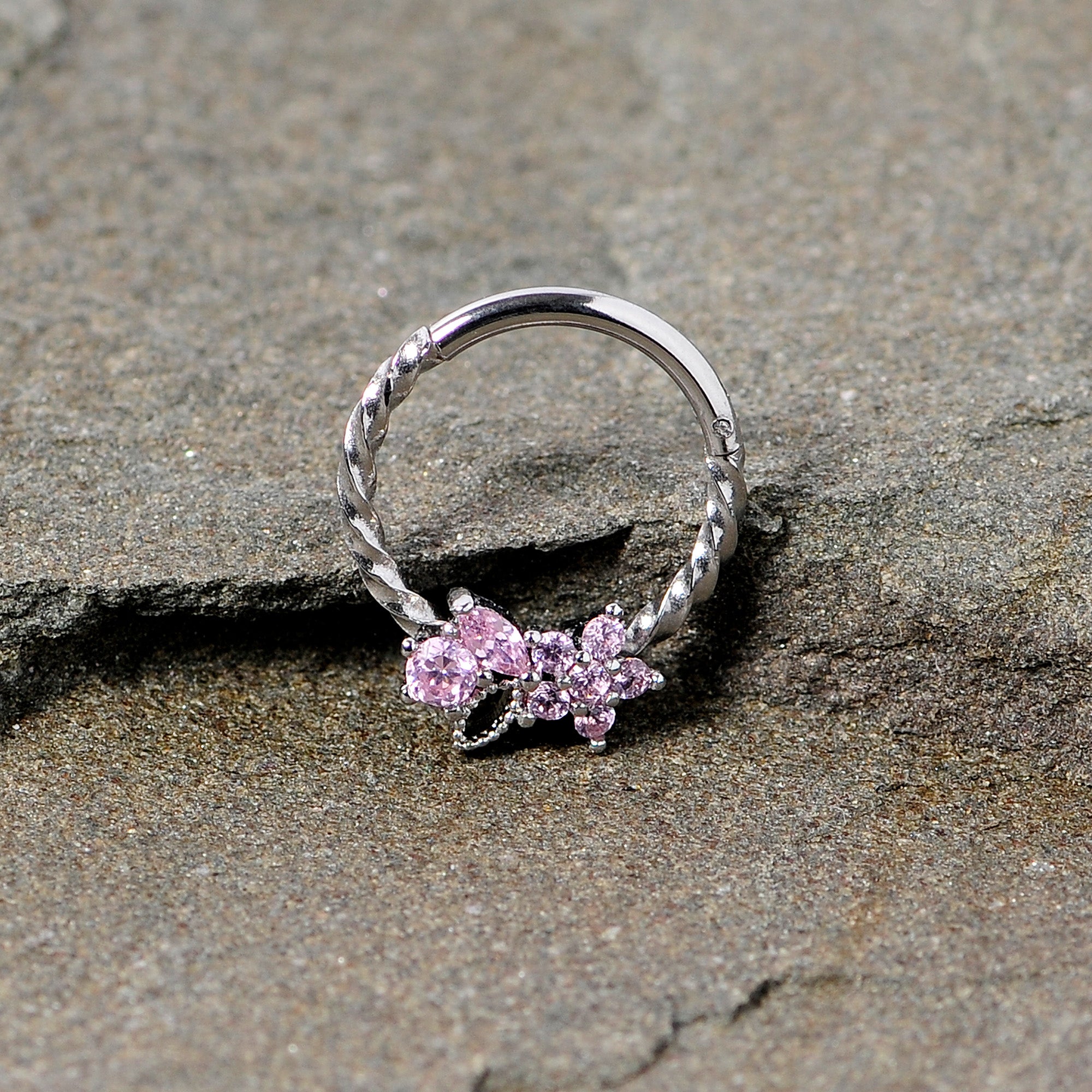 16G 3/8 Pink Gem Star Twisted Hinged Segment Ring