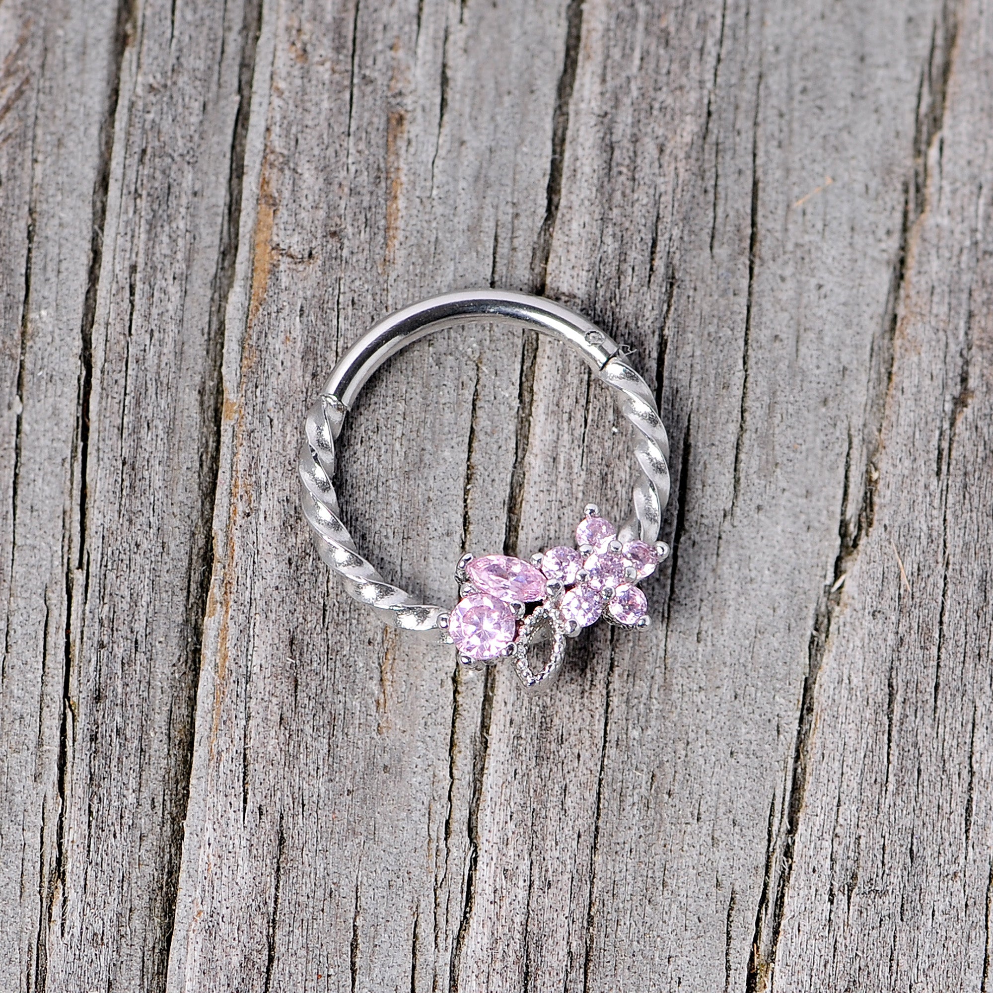 16G 3/8 Pink Gem Star Twisted Hinged Segment Ring