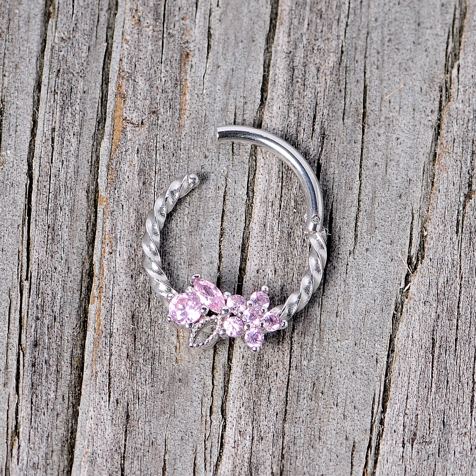 16G 3/8 Pink Gem Star Twisted Hinged Segment Ring