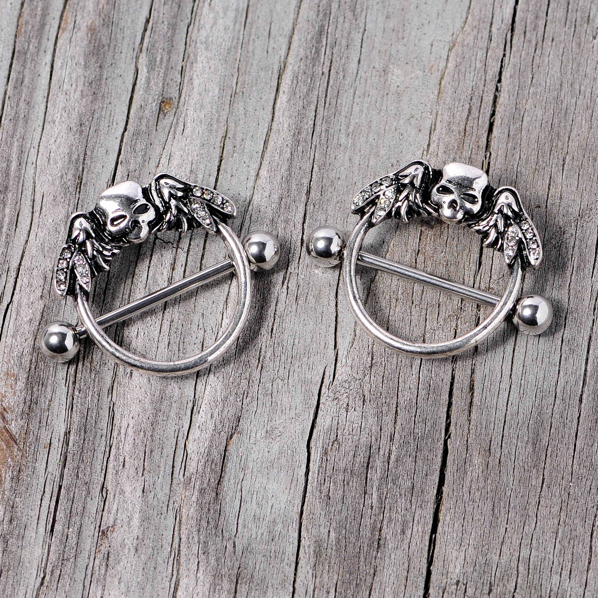 14G 7/8 Winged Skull Halloween Nipple Shield Set