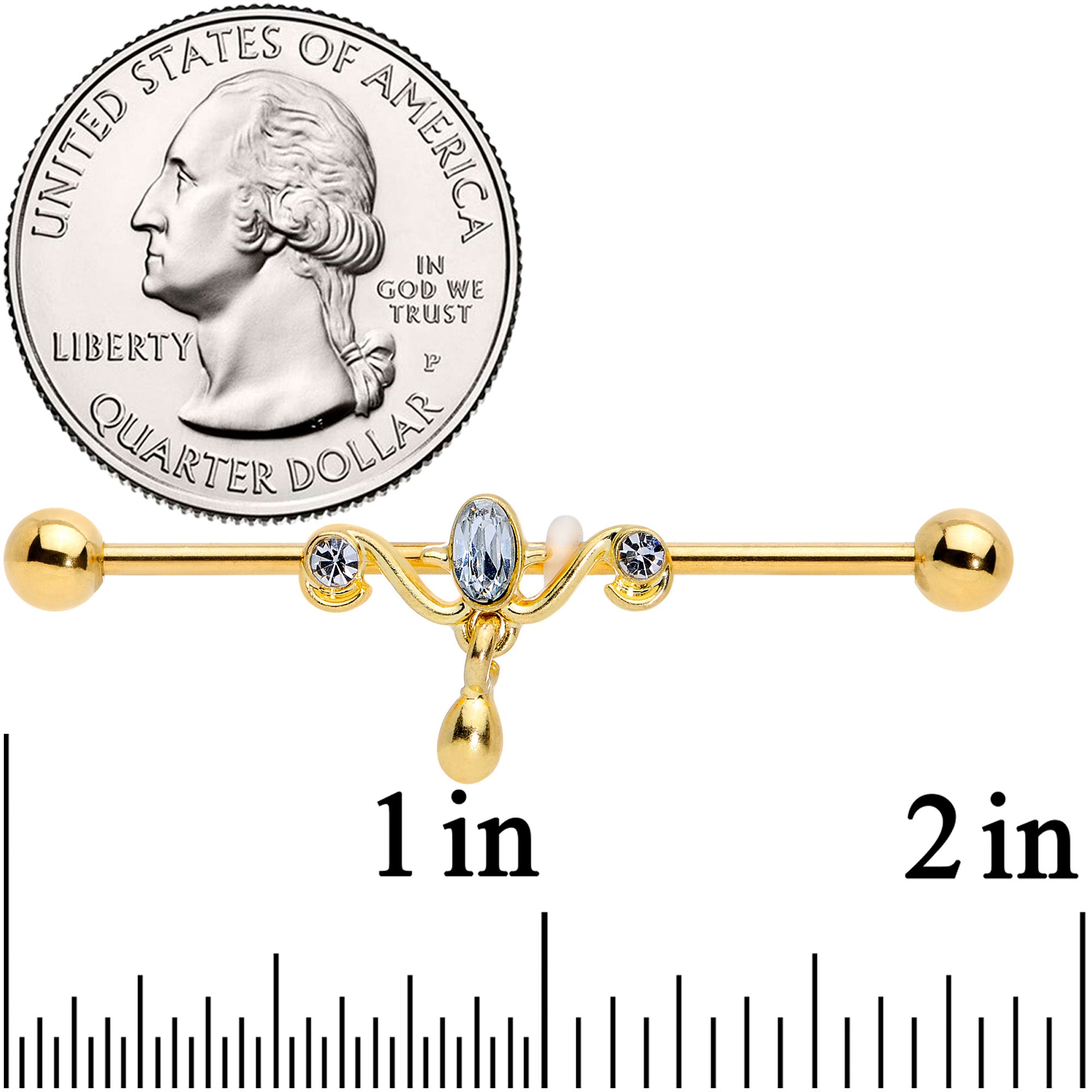 14G Clear Gem Gold Tone Drop Dangle Industrial Barbell 38mm