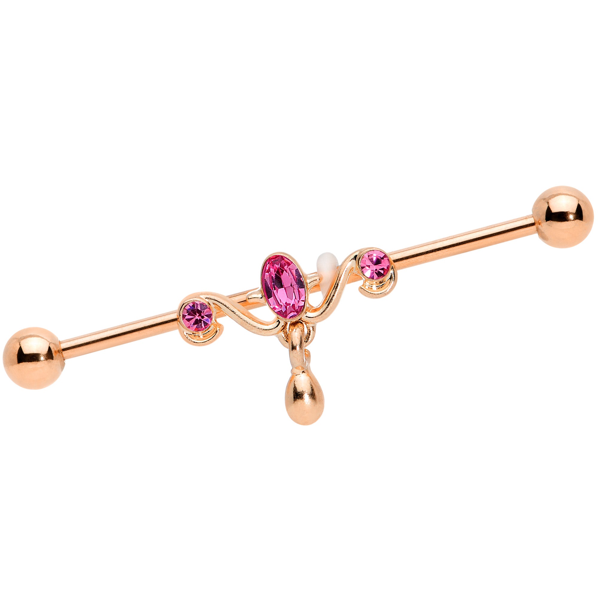 14G Pink Gem Rose Gold Tone Drop Dangle Industrial Barbell 38mm